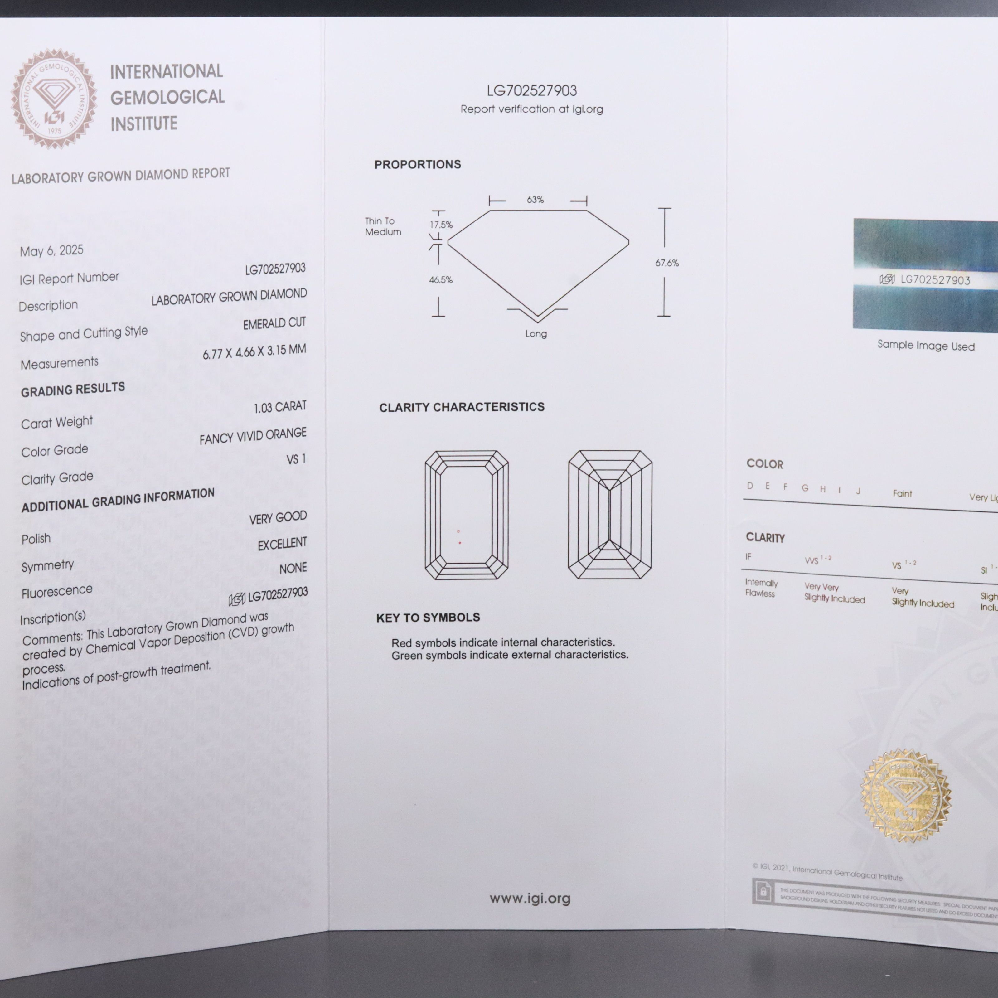 Loose 1.03 CT Lab Grown Fancy Vivid Orange Diamond with IGI Report