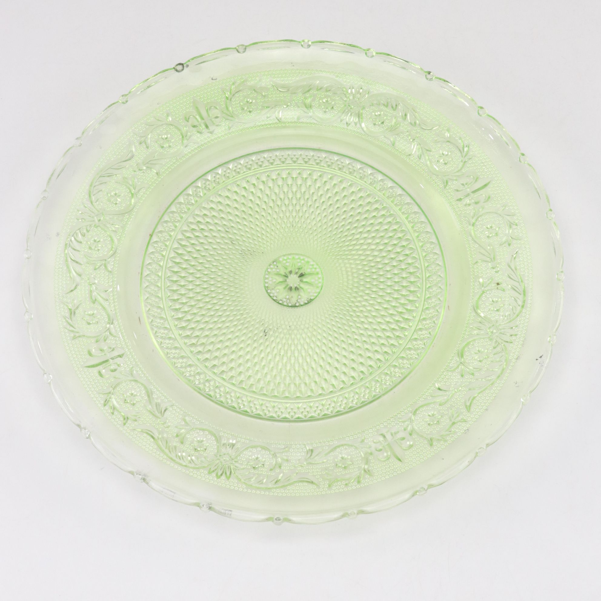 Indiana Glass "Sandwich" Plate with Ice Bucket and Other Uranium Glass Tableware
