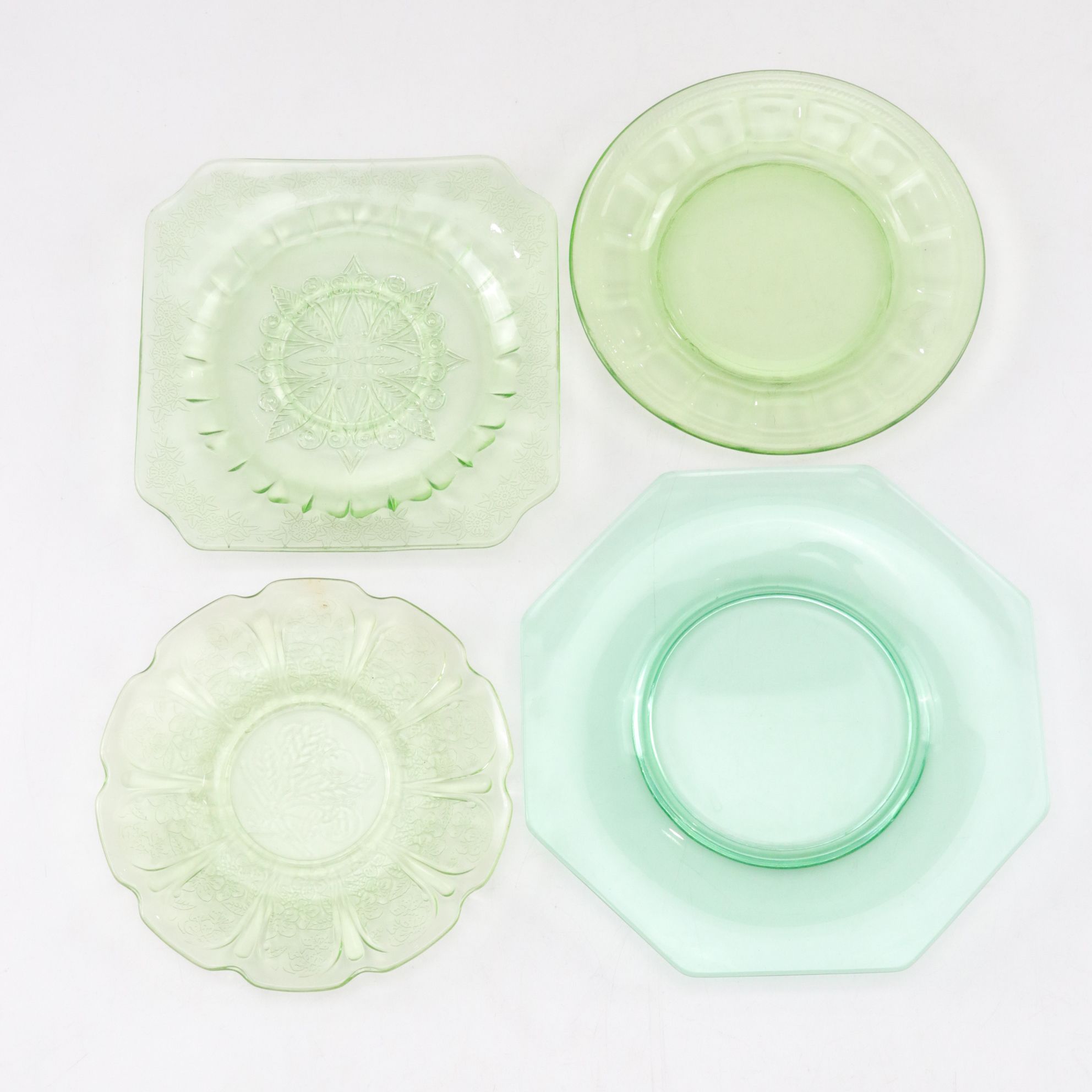 Indiana Glass "Sandwich" Plate with Ice Bucket and Other Uranium Glass Tableware