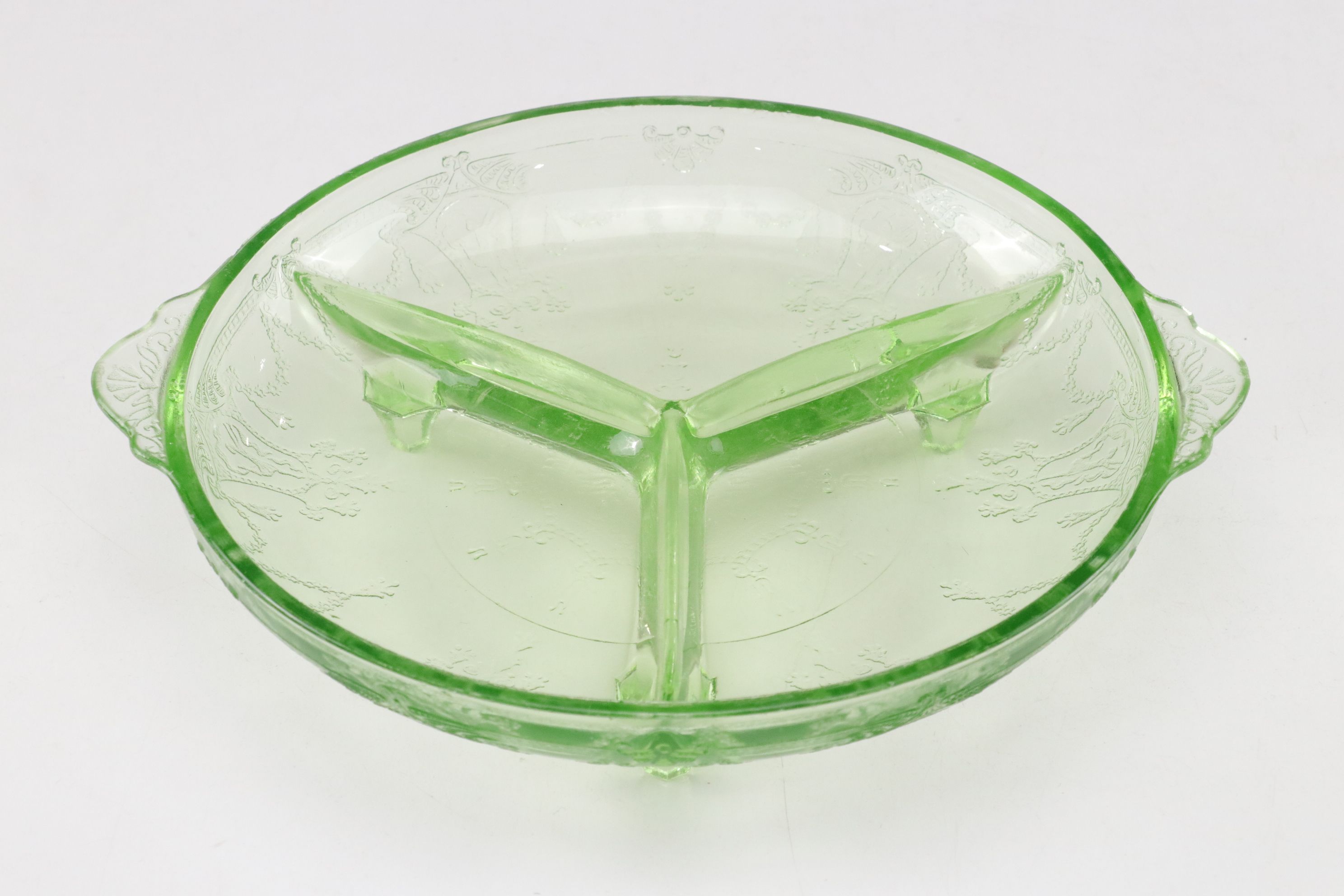 Indiana Glass "Sandwich" Plate with Ice Bucket and Other Uranium Glass Tableware