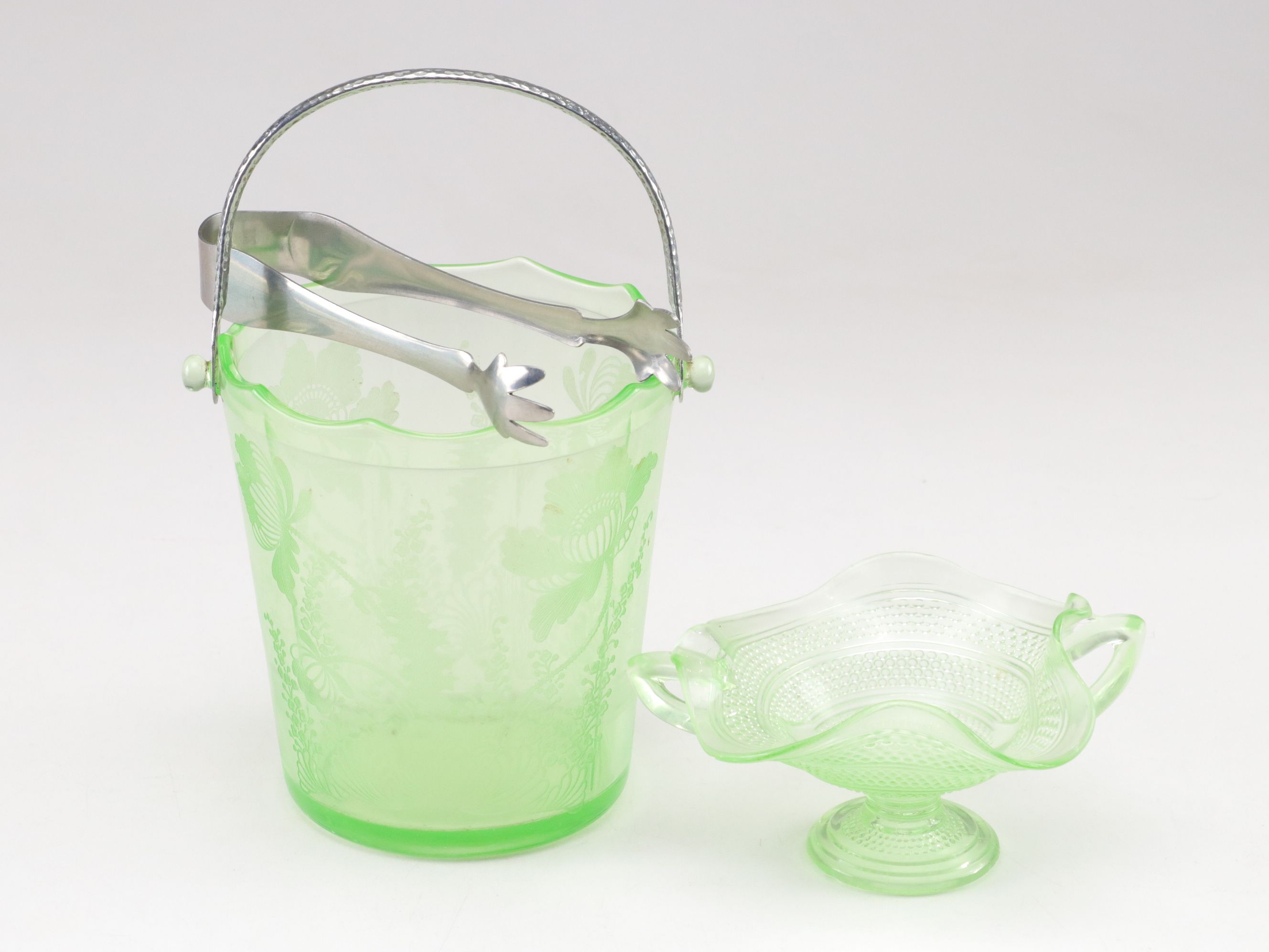 Indiana Glass "Sandwich" Plate with Ice Bucket and Other Uranium Glass Tableware