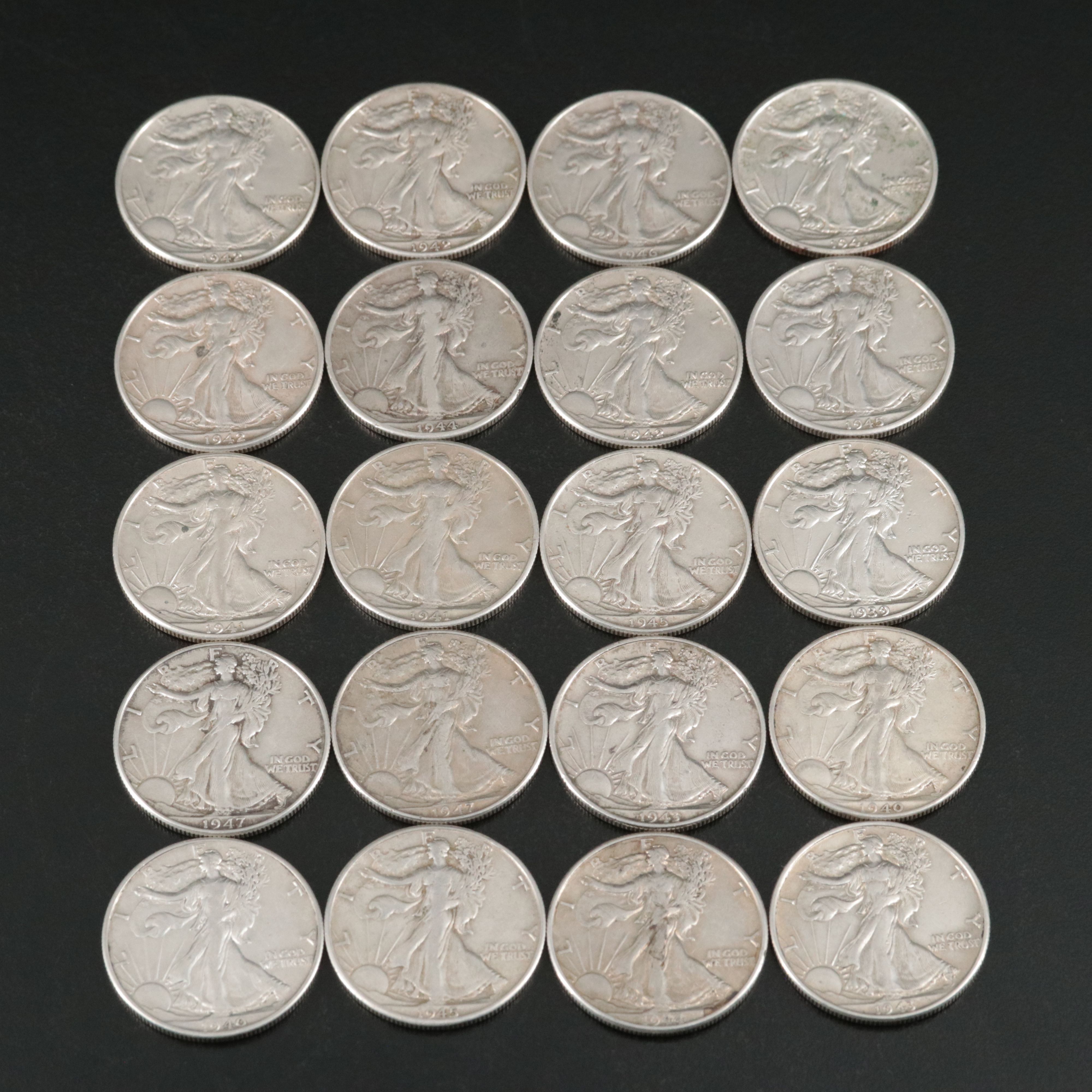 Twenty Walking Liberty Silver Half Dollars, 1940s