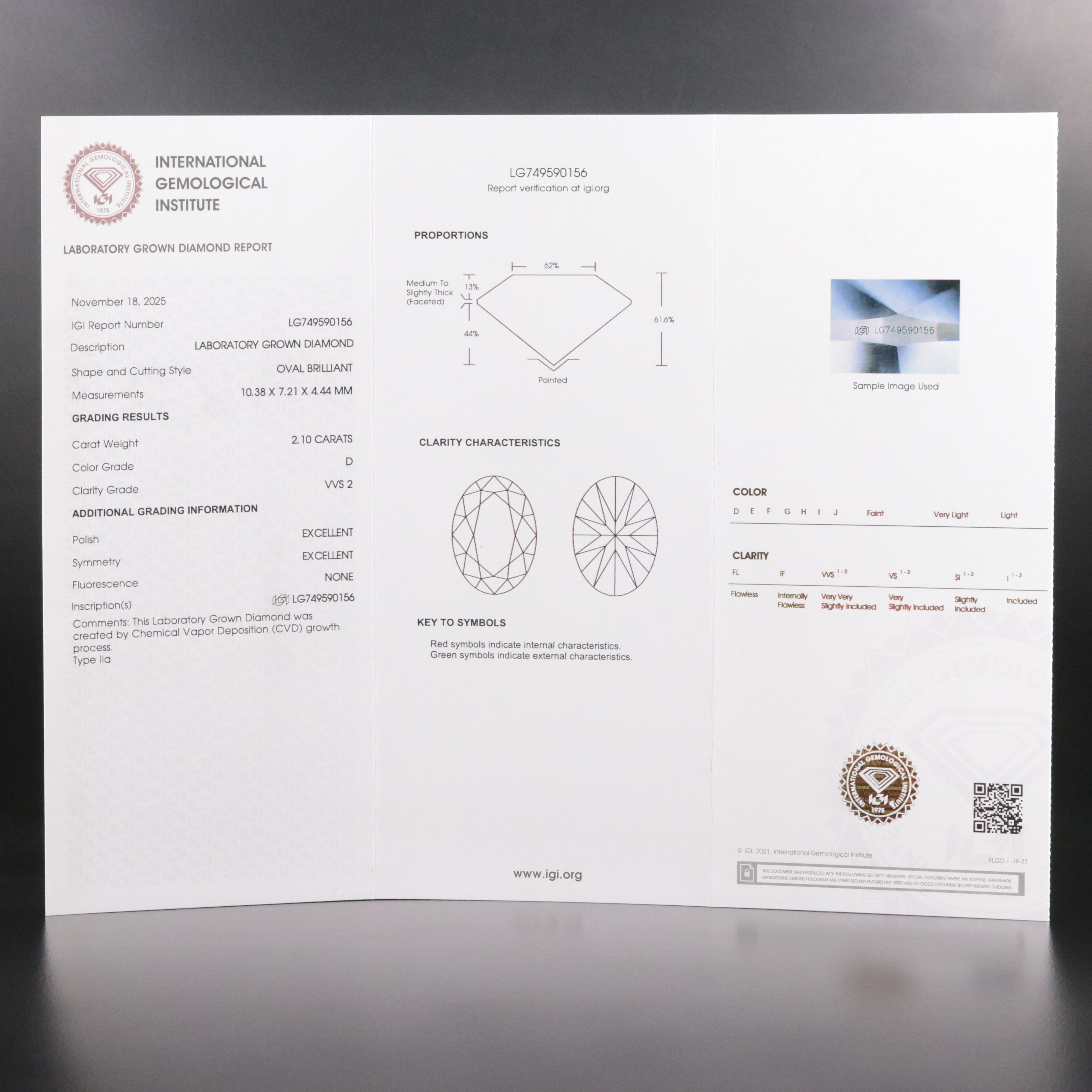 Loose 2.10 CT Lab Grown Diamond with IGI Report