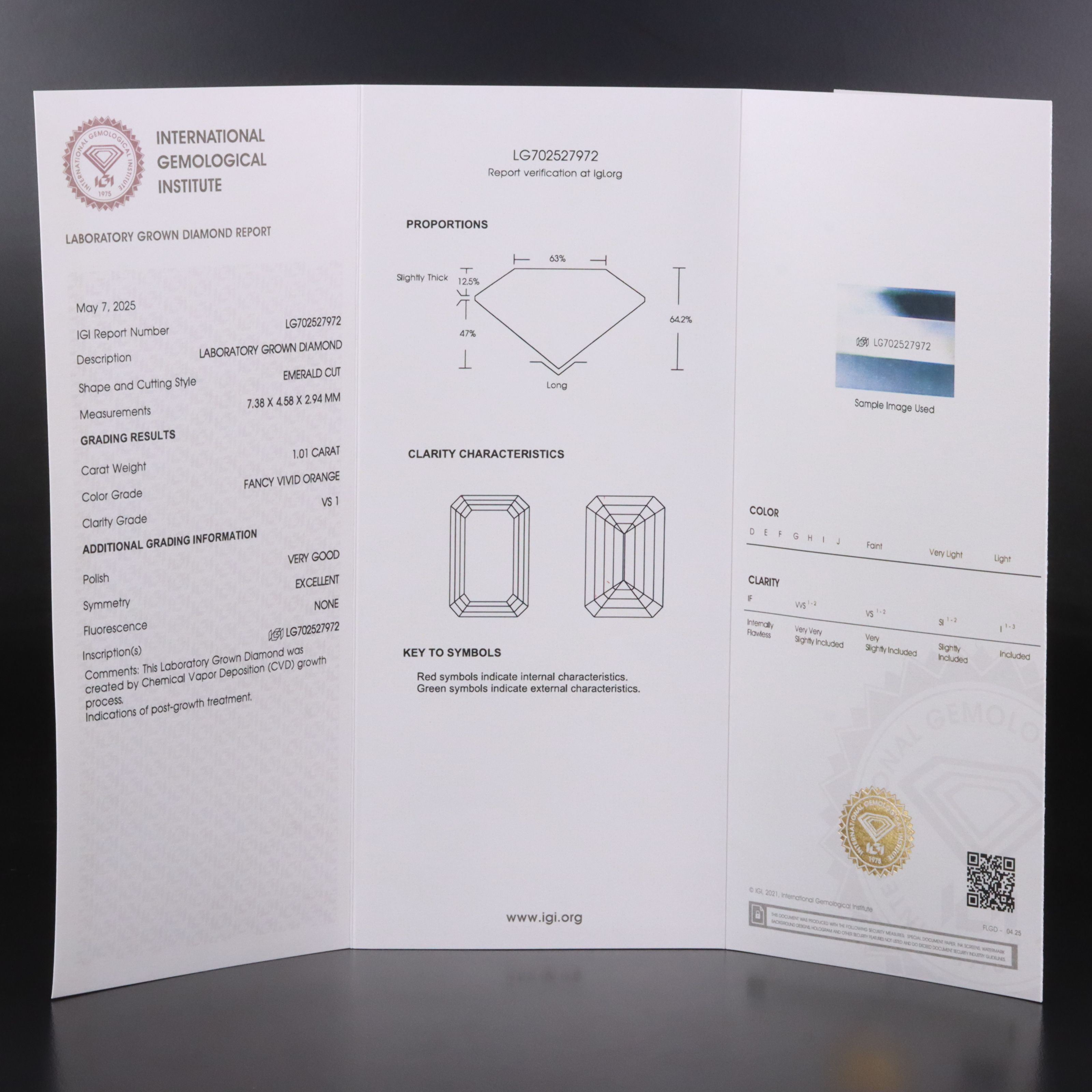 Loose 1.01 CT Lab Grown Fancy Vivid Orange Diamond with IGI Report