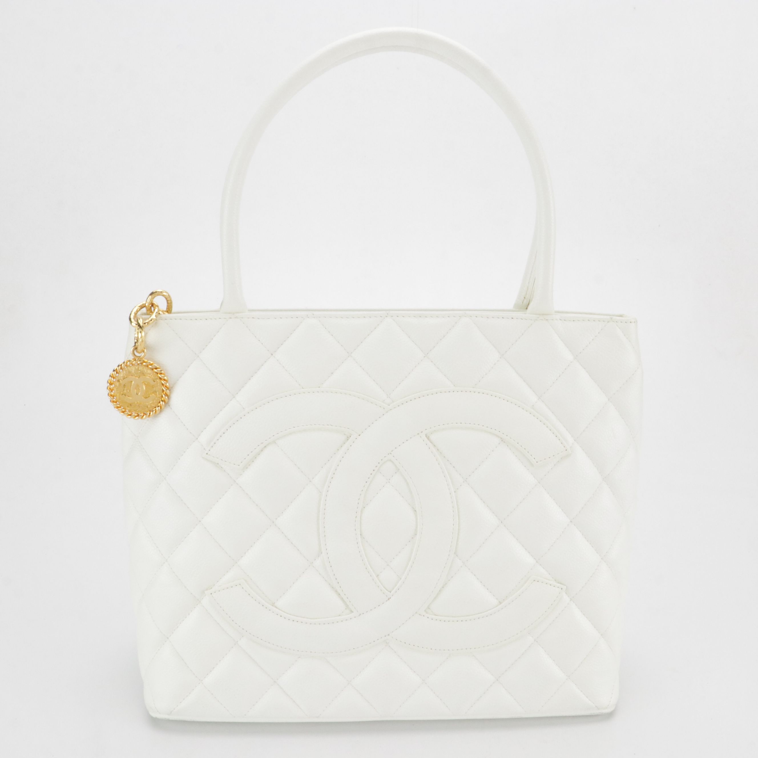 Chanel CC Medallion Tote Bag in White Caviar Leather with Box