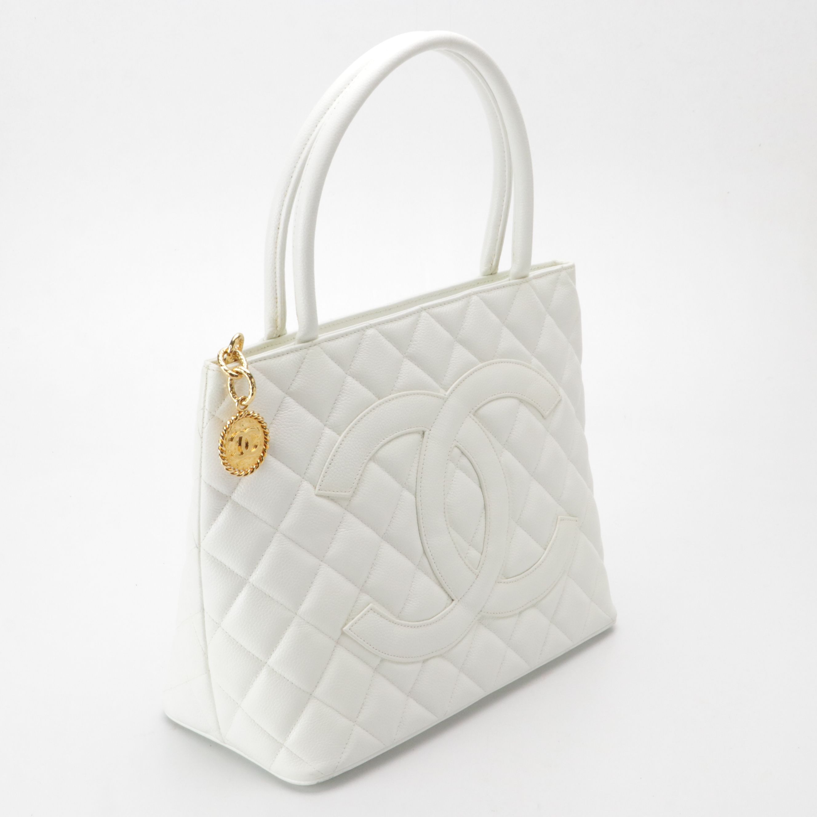 Chanel CC Medallion Tote Bag in White Caviar Leather with Box