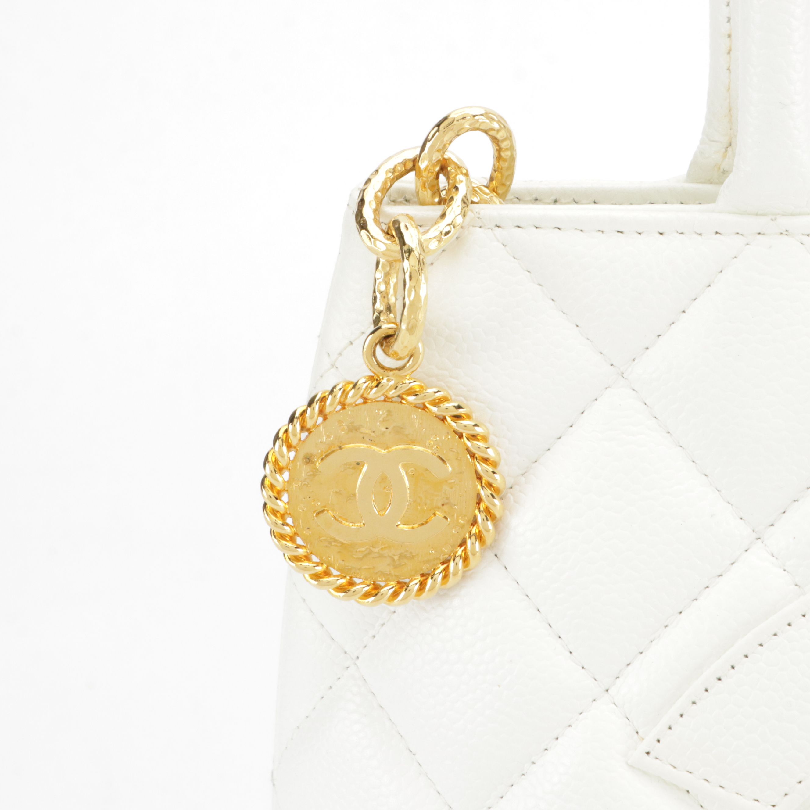 Chanel CC Medallion Tote Bag in White Caviar Leather with Box
