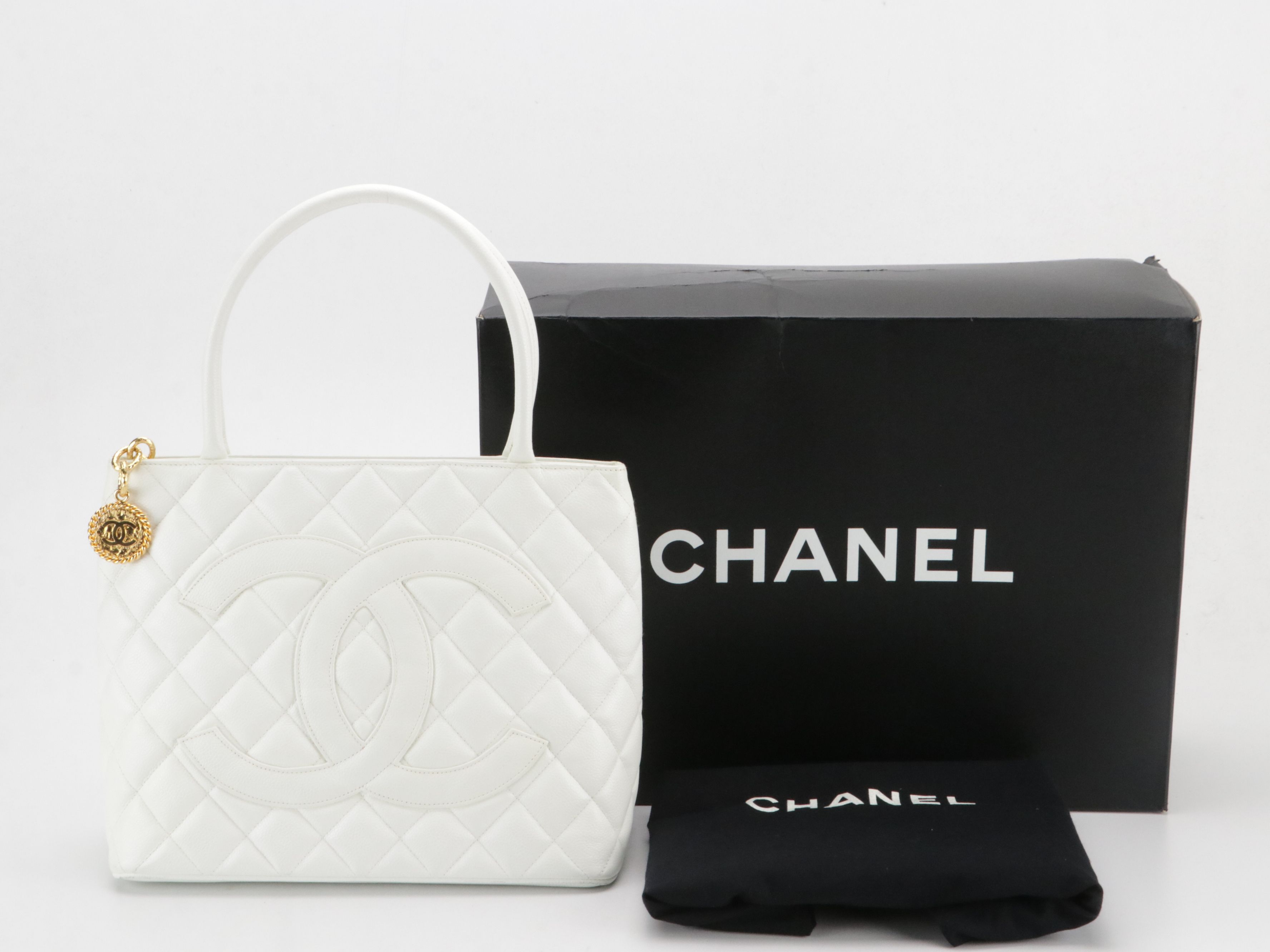 Chanel CC Medallion Tote Bag in White Caviar Leather with Box