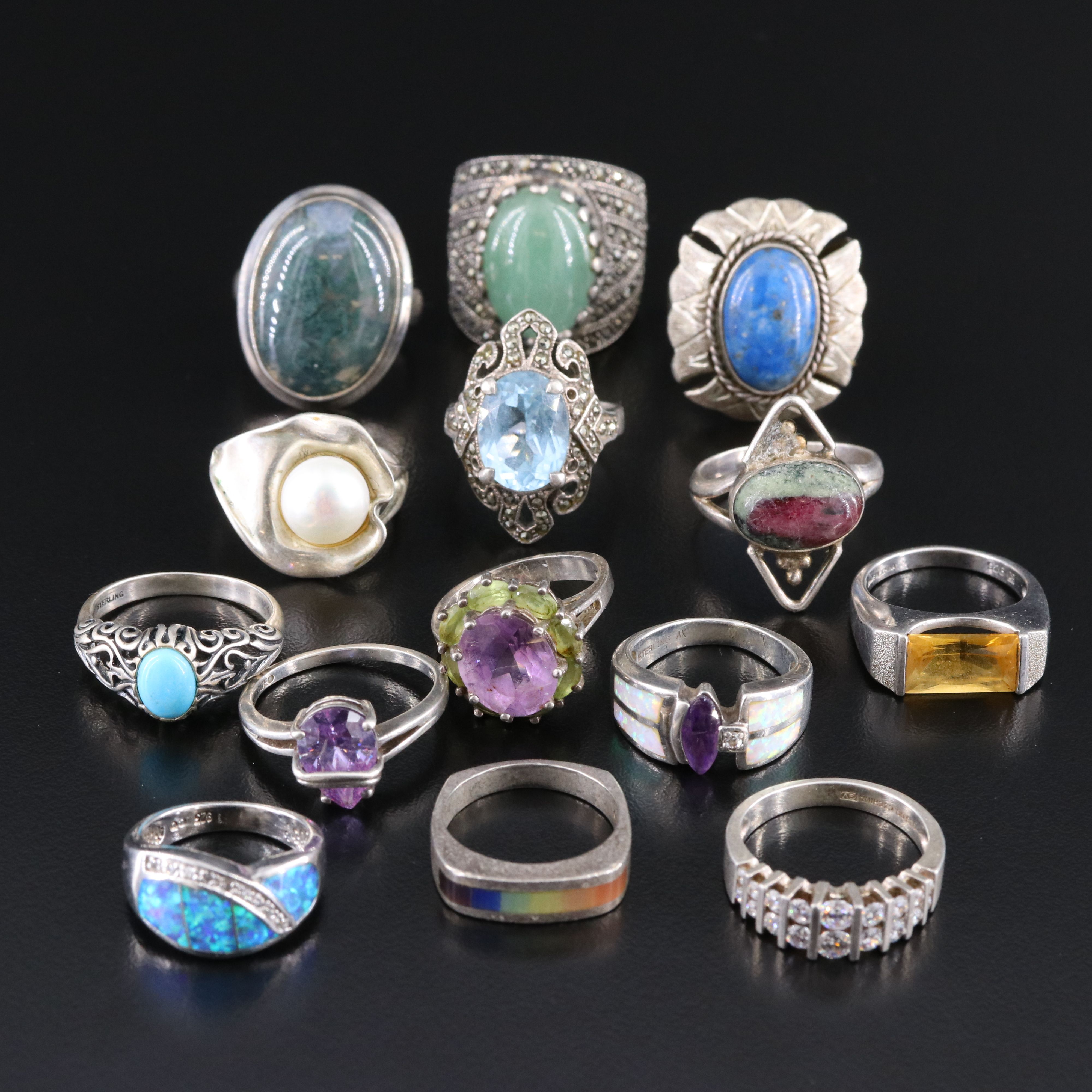 Sterling Ring Collection Including Agate, Lapis Lazuli and Pearl