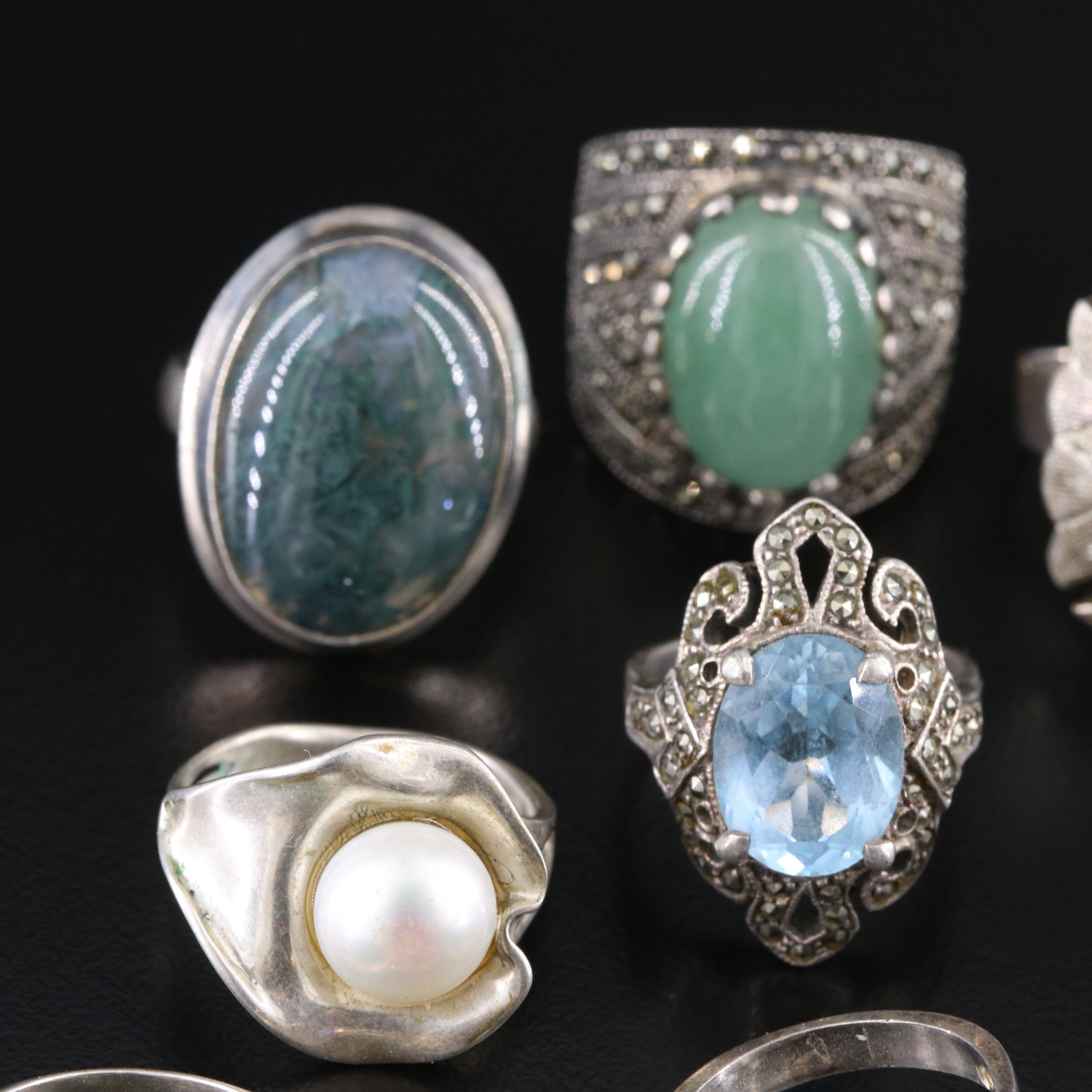 Sterling Ring Collection Including Agate, Lapis Lazuli and Pearl