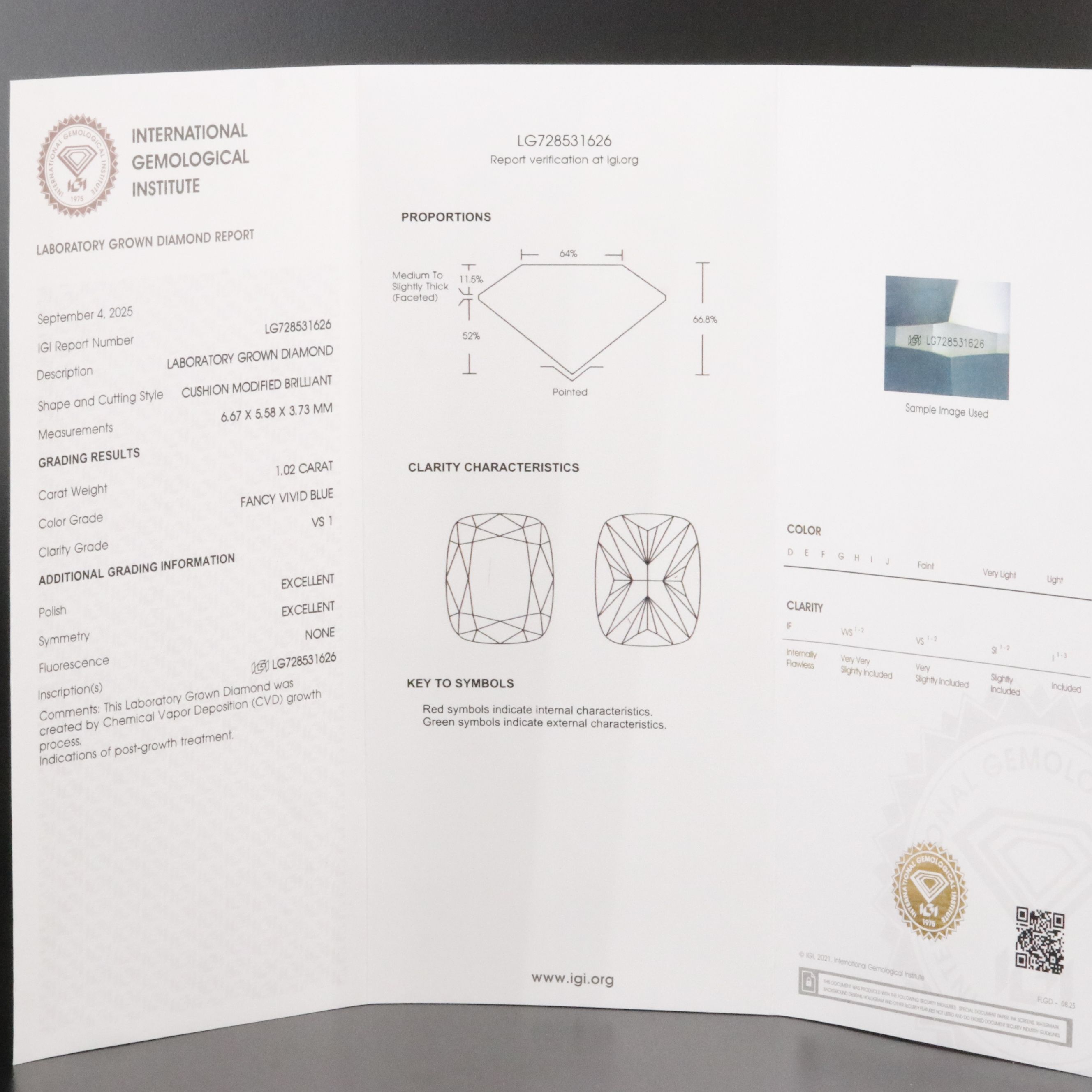 Loose 1.02 CT Lab Grown Fancy Vivid Blue Diamond with IGI Report