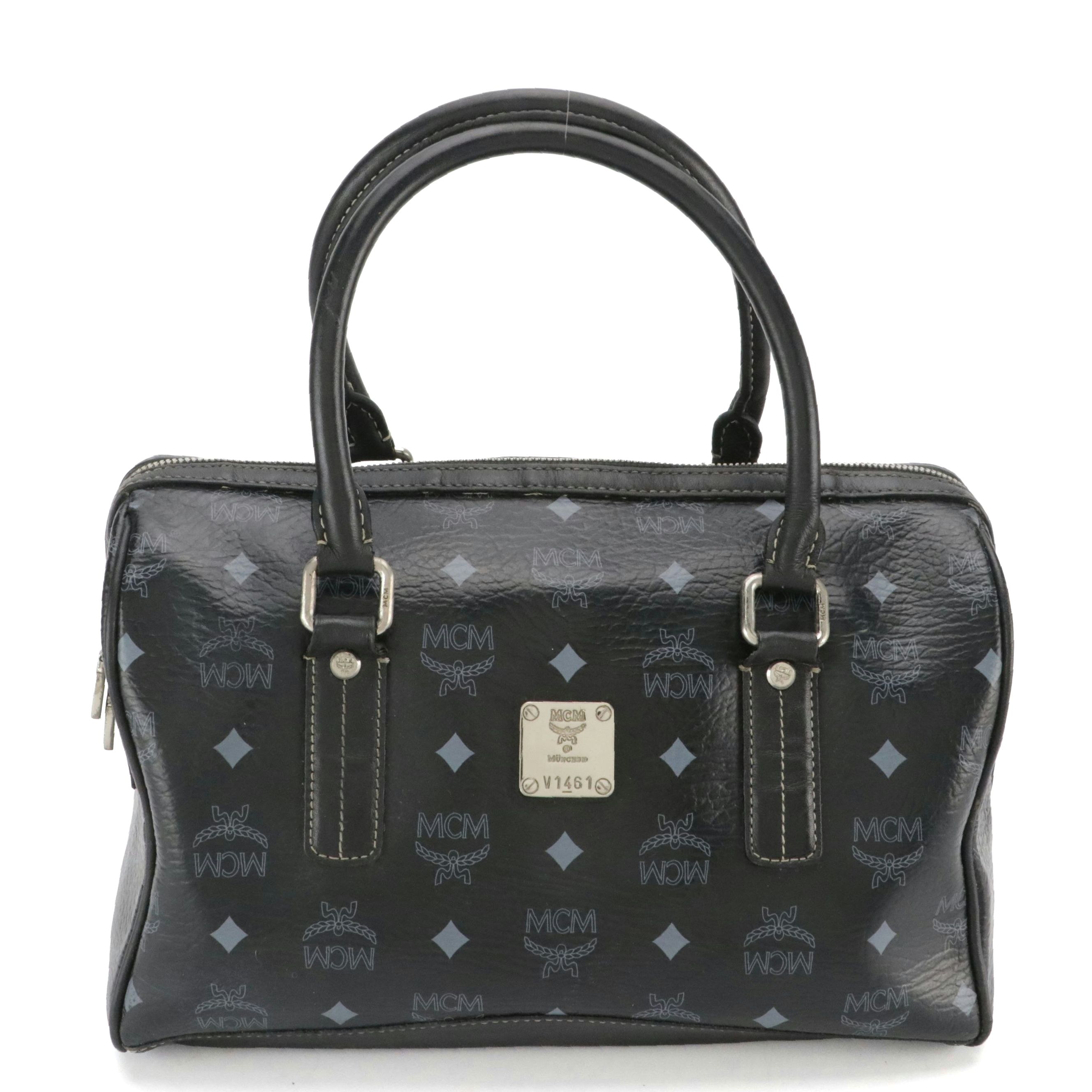 MCM Boston Bag in Navy Blue Visetos and Calfskin Leather