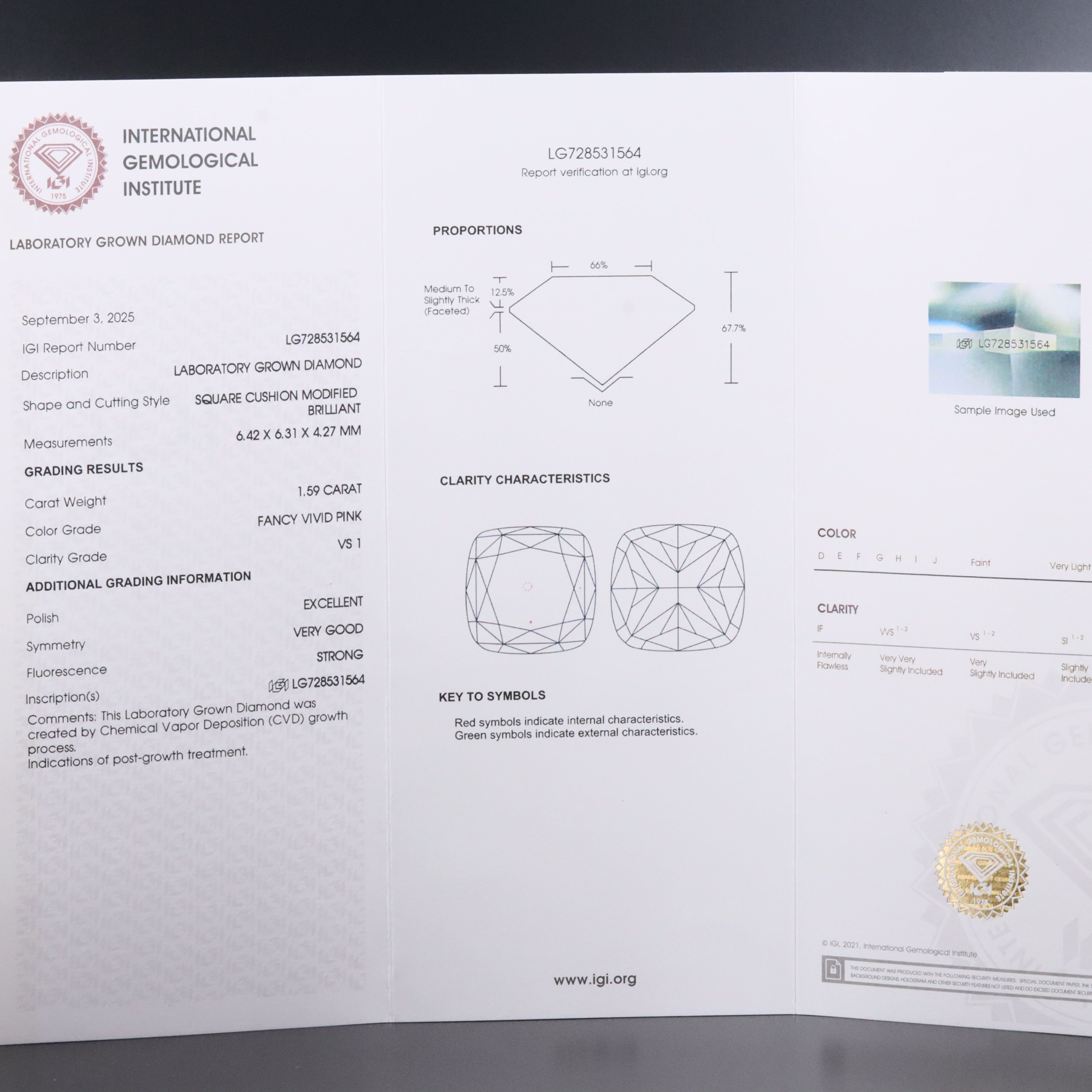 Loose 1.59 CT Lab Grown Fancy Vivid Pink Diamond with IGI Report