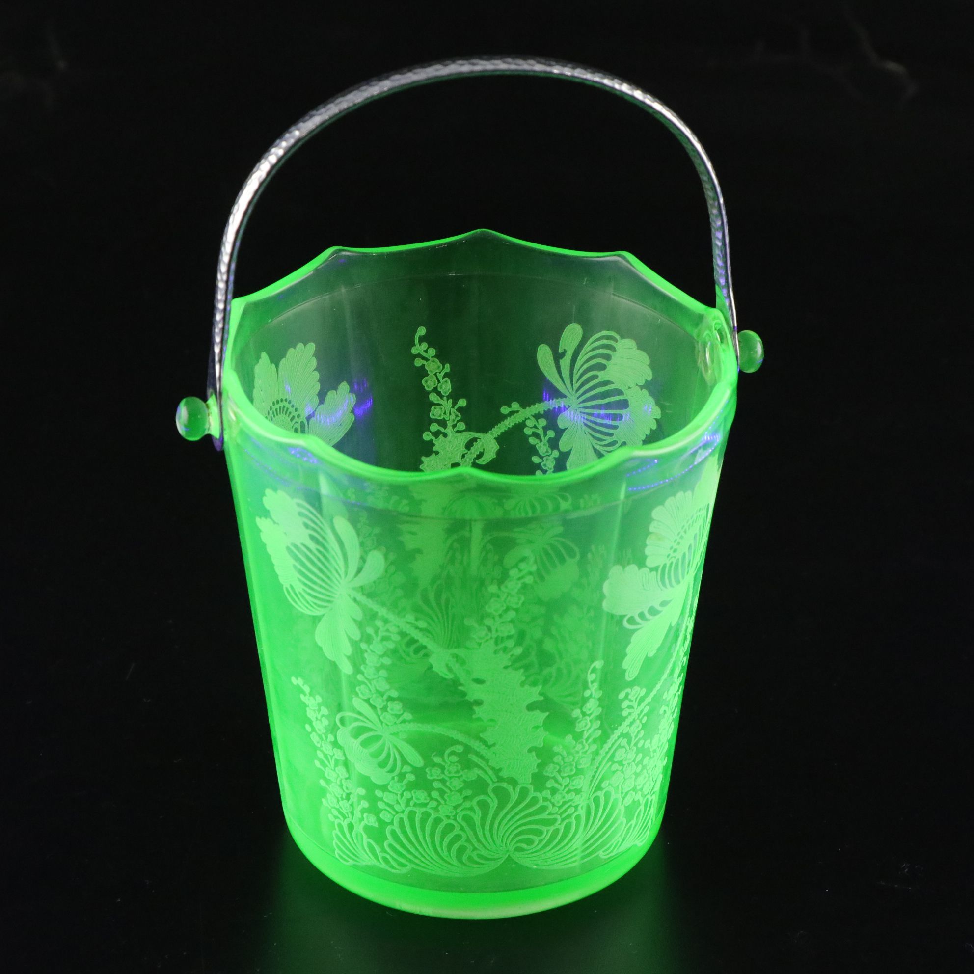 Indiana Glass "Sandwich" Plate with Ice Bucket and Other Uranium Glass Tableware