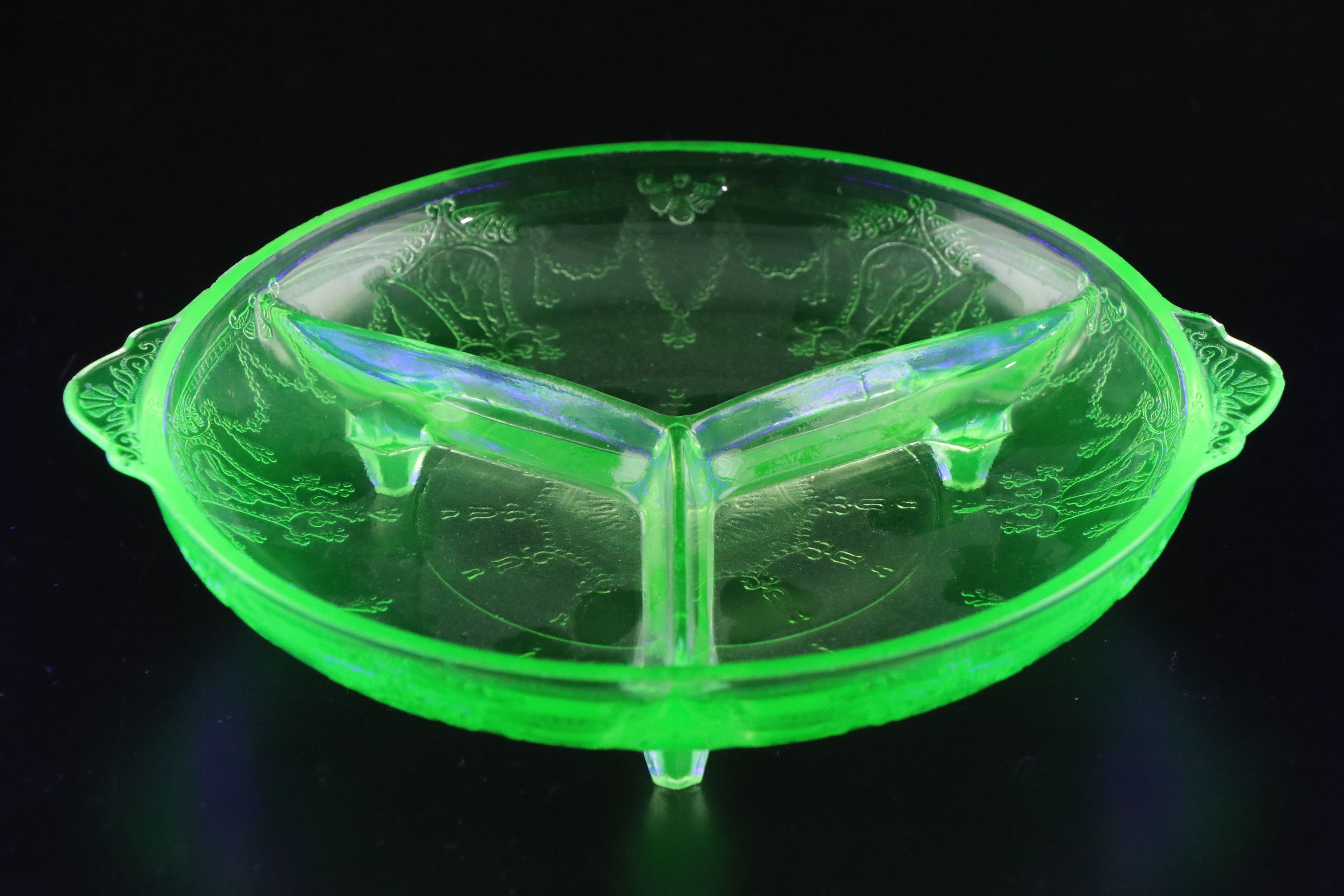 Indiana Glass "Sandwich" Plate with Ice Bucket and Other Uranium Glass Tableware