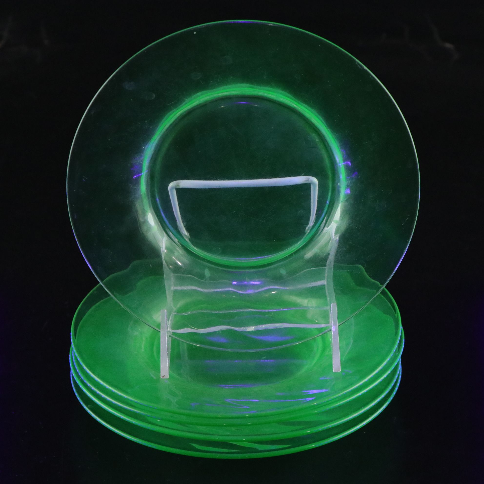 Indiana Glass "Sandwich" Plate with Ice Bucket and Other Uranium Glass Tableware