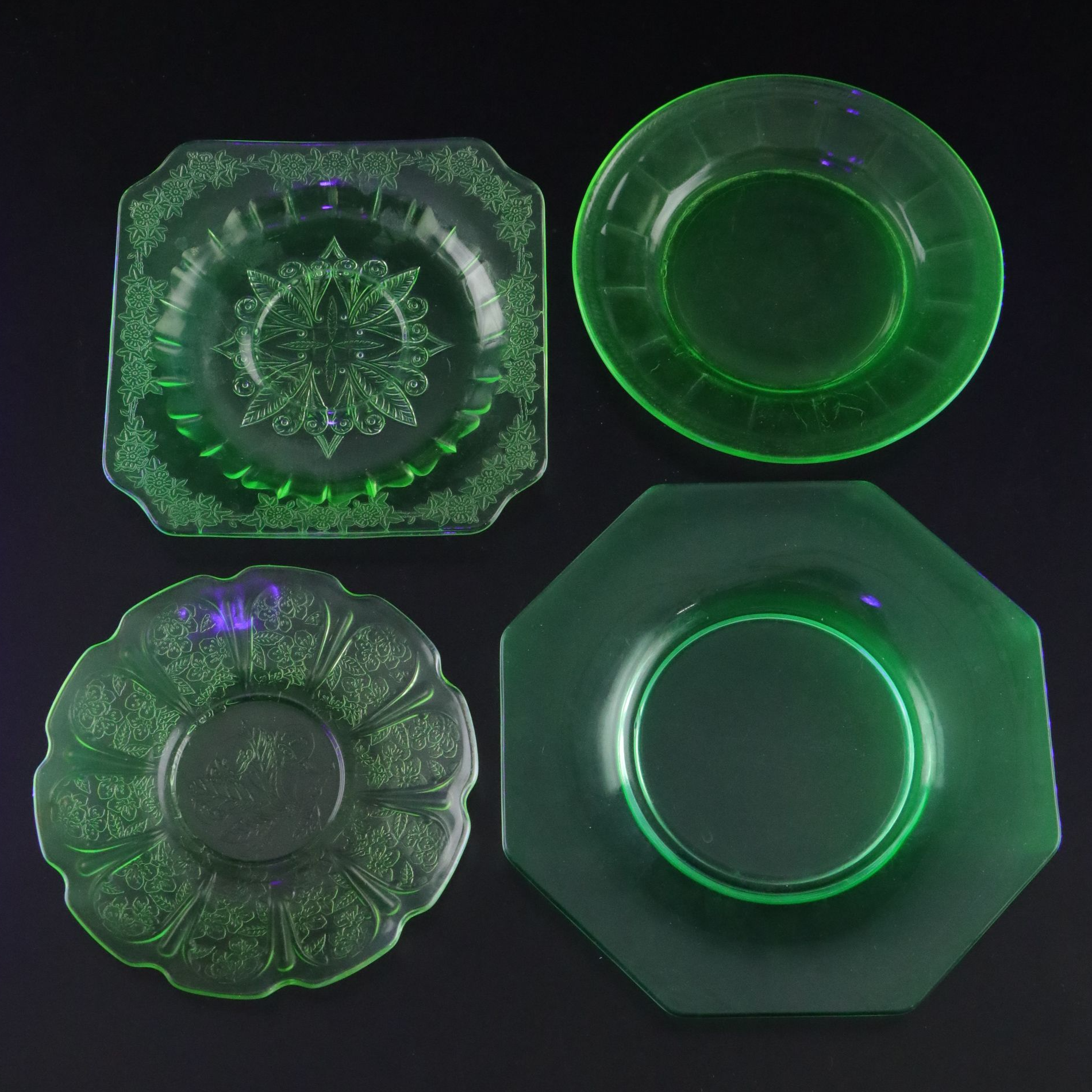 Indiana Glass "Sandwich" Plate with Ice Bucket and Other Uranium Glass Tableware
