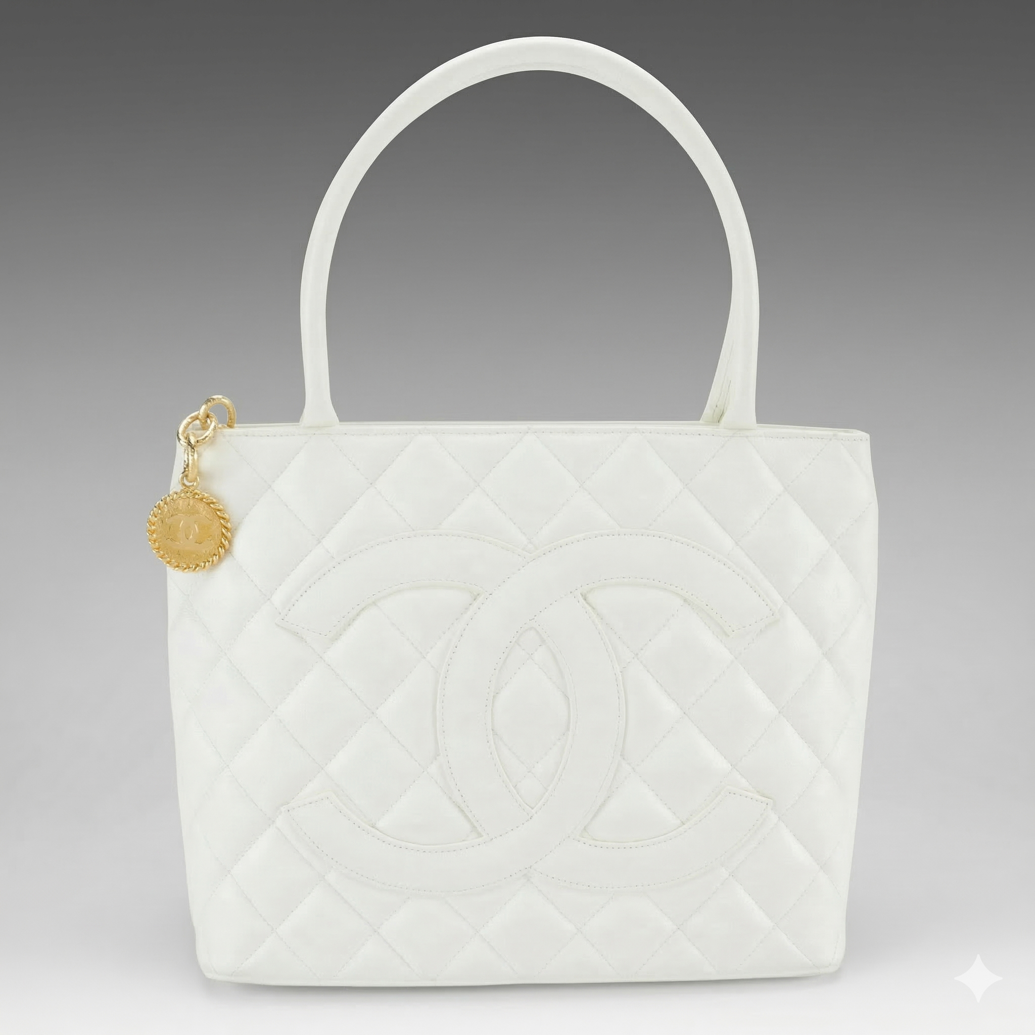 Chanel CC Medallion Tote Bag in White Caviar Leather with Box