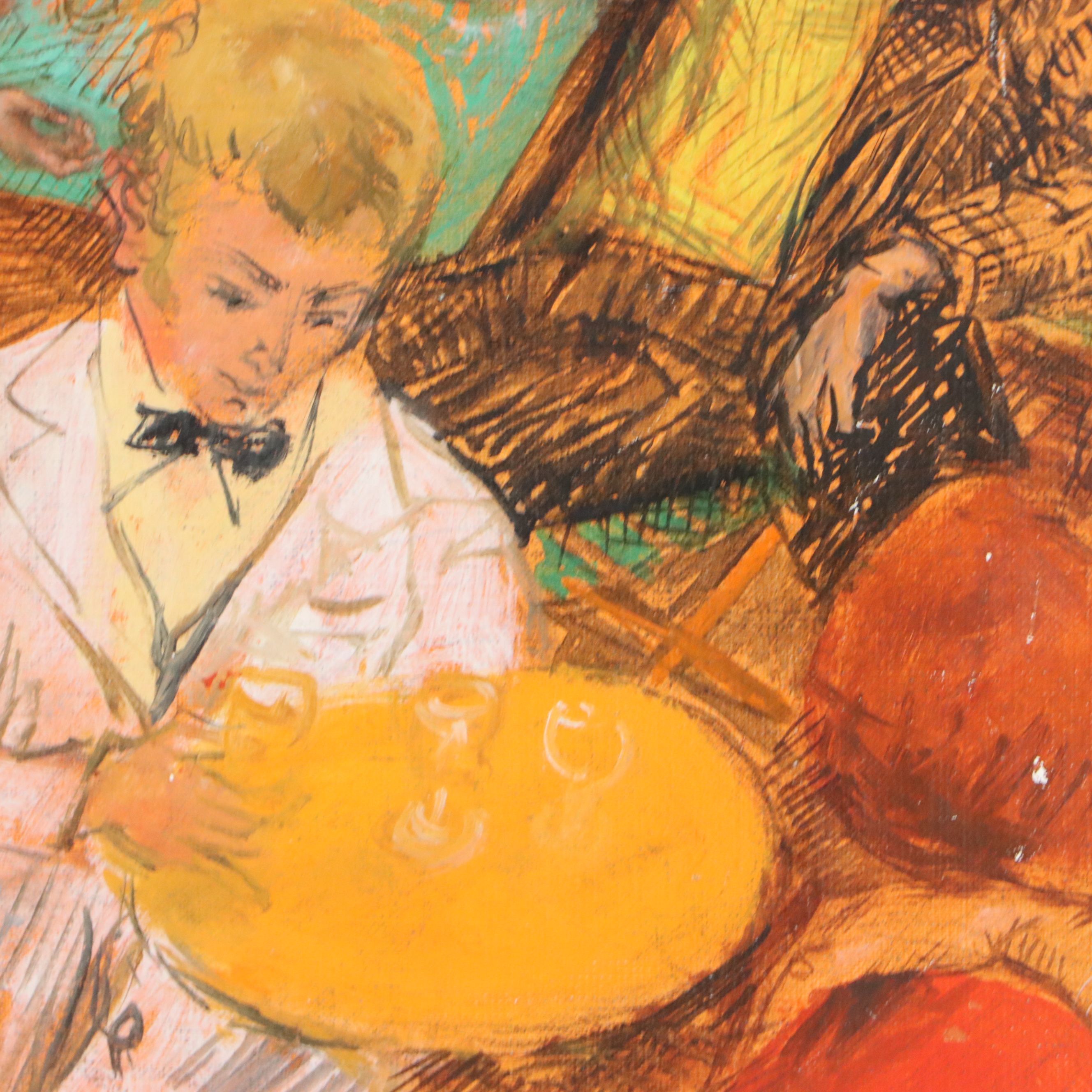 L. P. Moretti Oil Painting "Le repas du peintre et son modèle," 20th C.