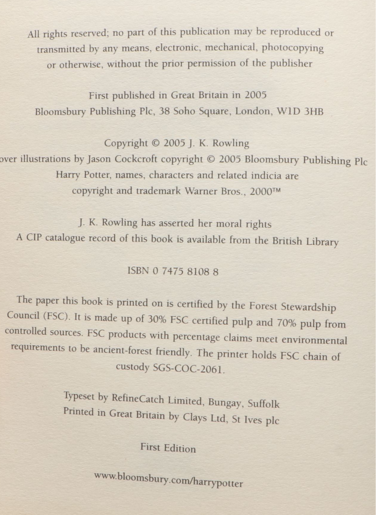 First UK Edition "Harry Potter and the Half-Blood Prince" by J. K. Rowling