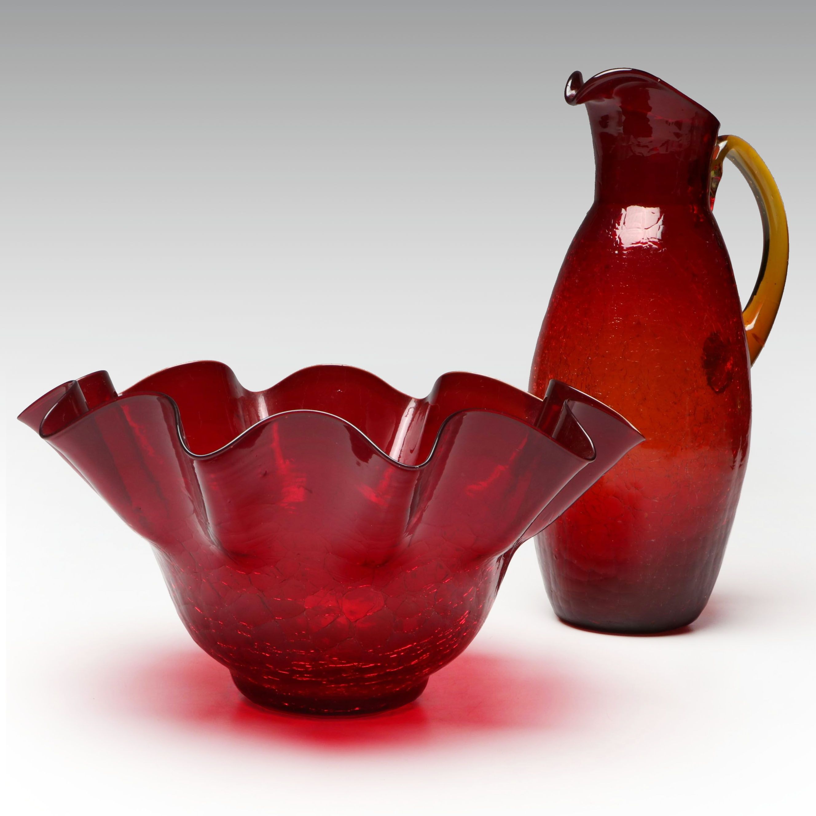 Mid Century Modern Style Red Crackle Glass Bowl and Pitcher