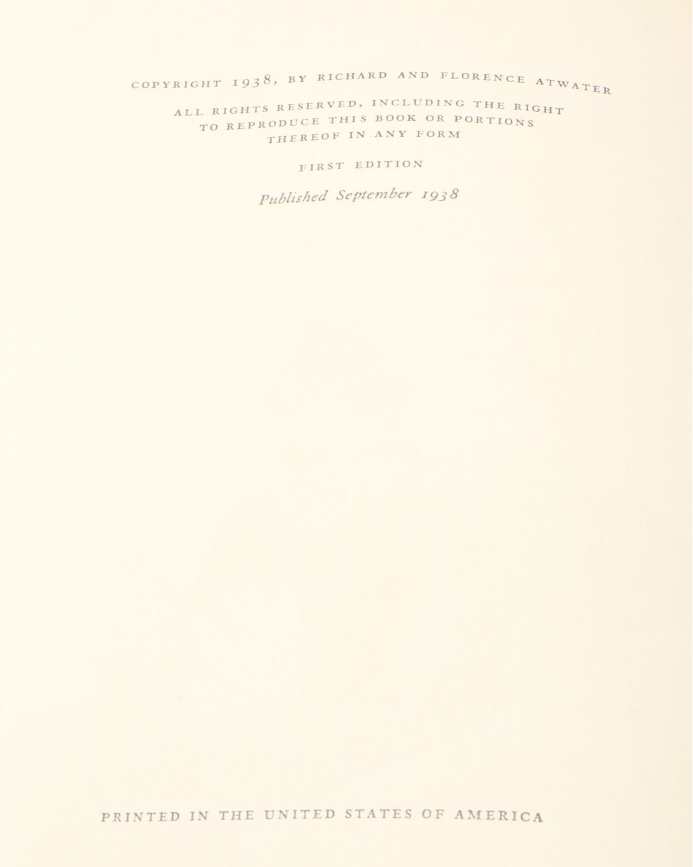 First Printing "Mr. Popper's Penguins" by Richard and Florence Atwater, 1938