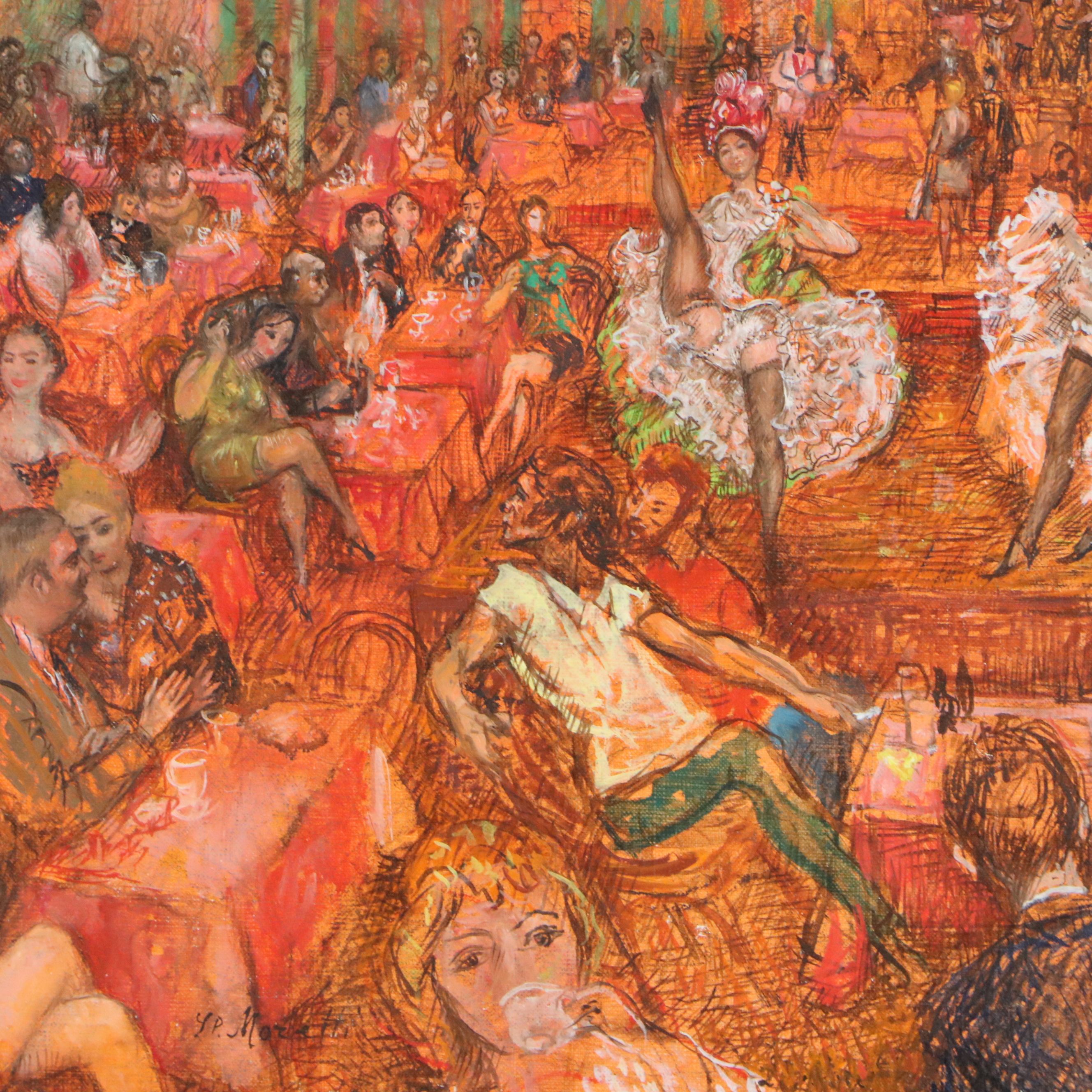 L. P. Moretti Oil on Canvas "French Cancan," Mid to Late 20th Century