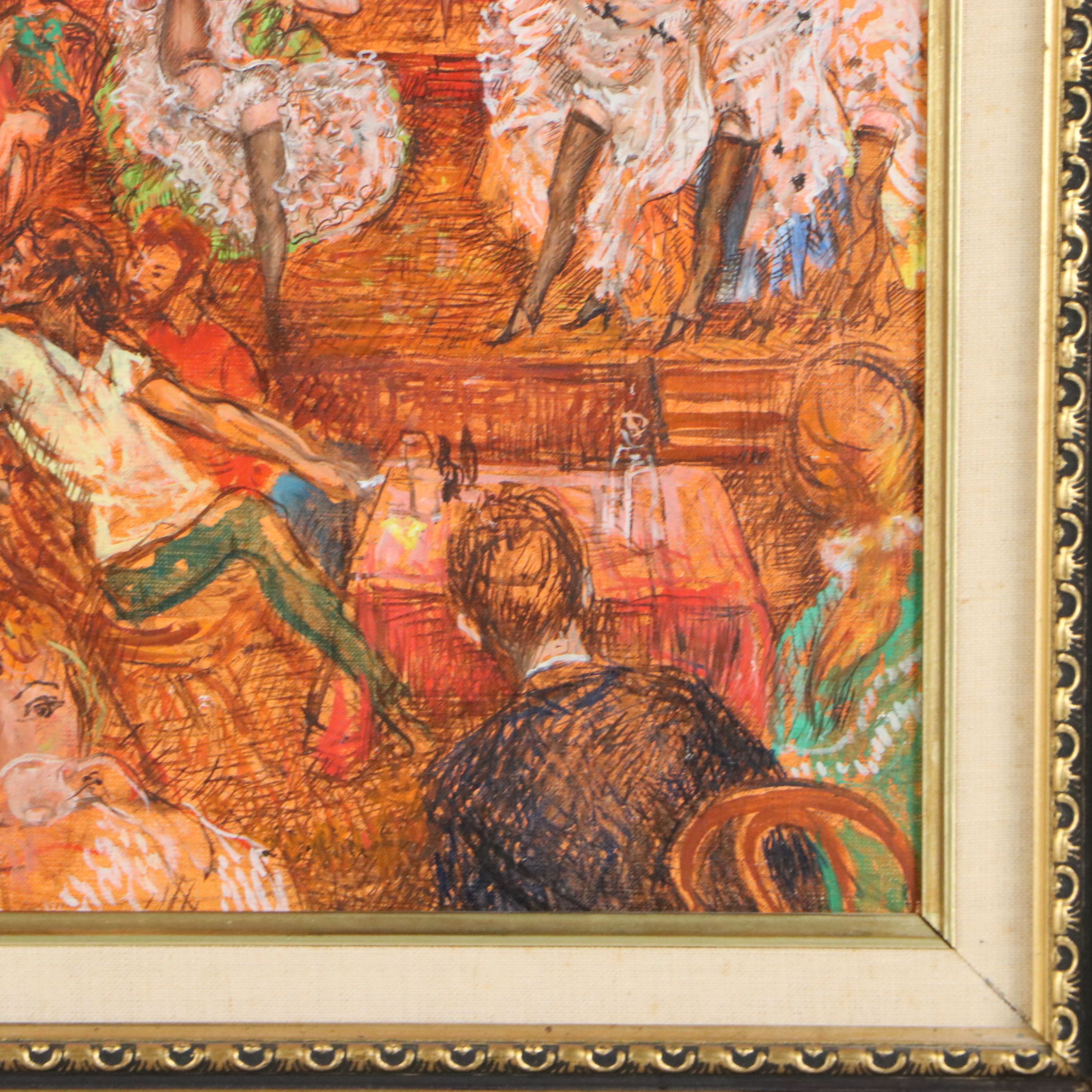 L. P. Moretti Oil on Canvas "French Cancan," Mid to Late 20th Century
