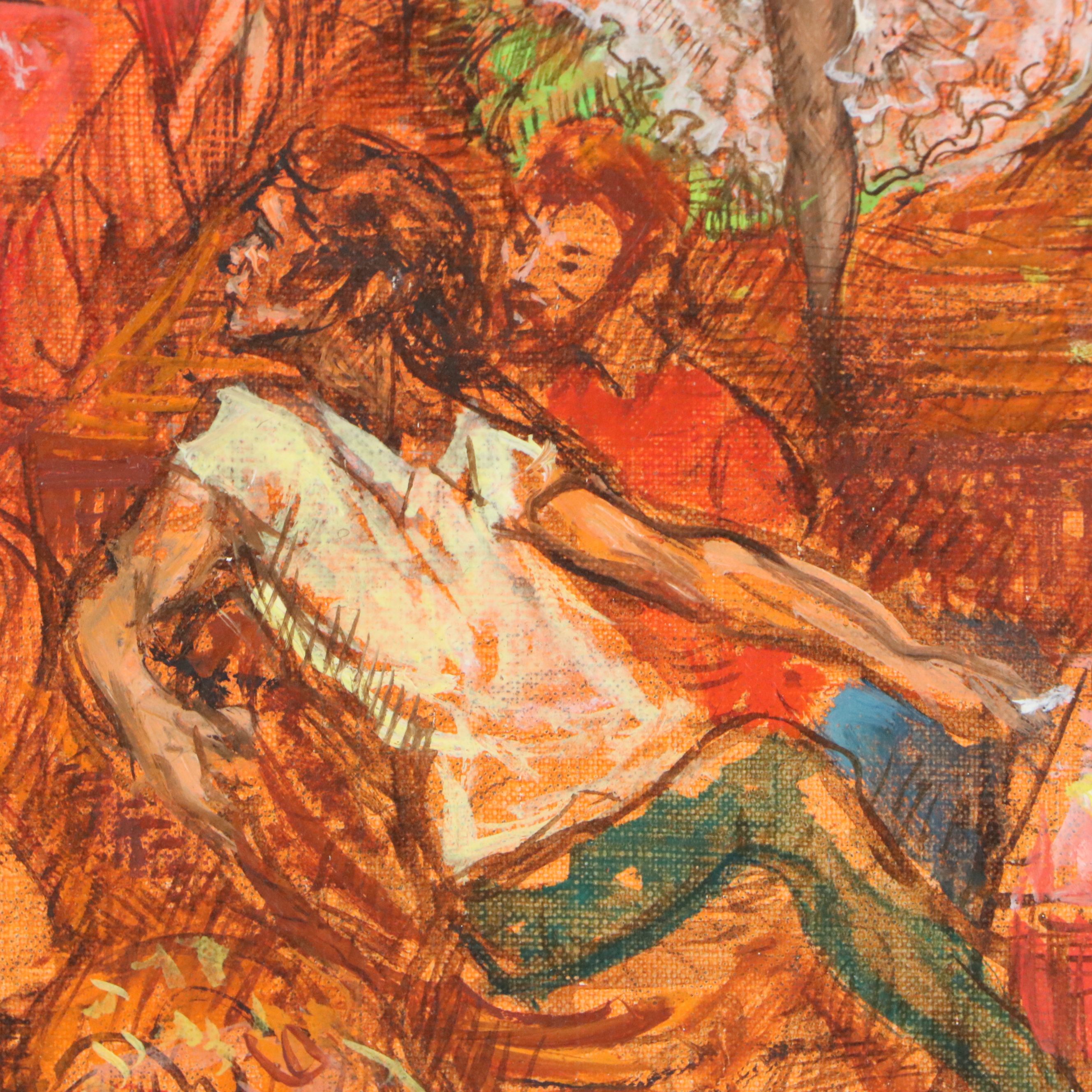 L. P. Moretti Oil on Canvas "French Cancan," Mid to Late 20th Century