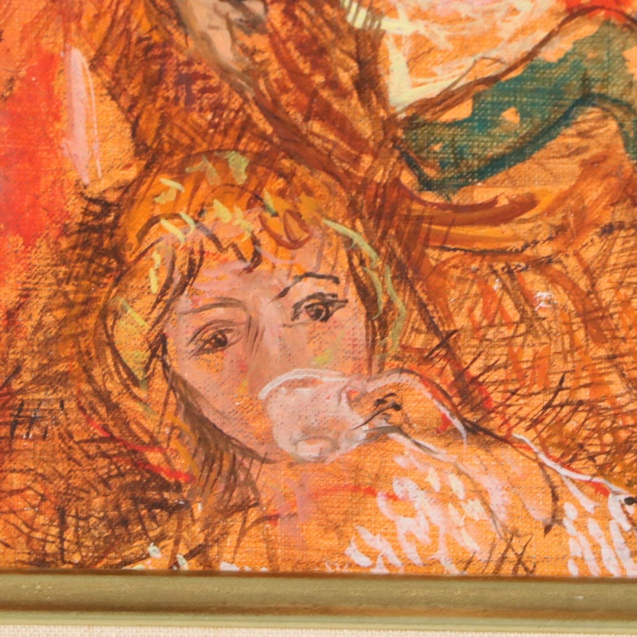 L. P. Moretti Oil on Canvas "French Cancan," Mid to Late 20th Century