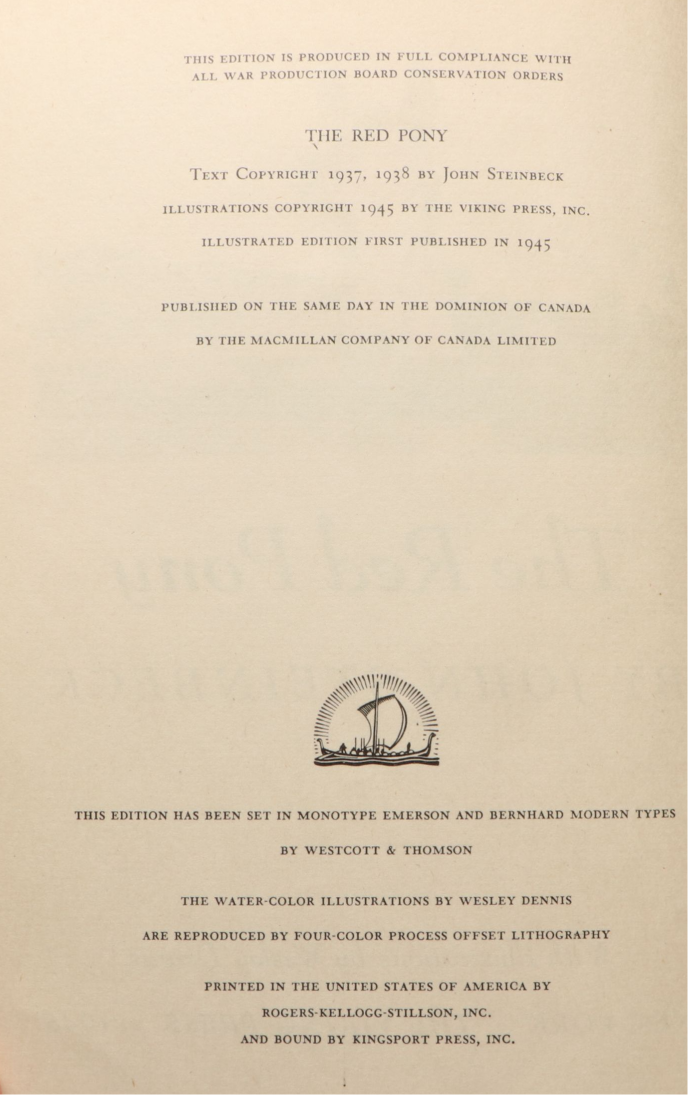 First Illustrated Edition "The Red Pony" by John Steinbeck, 1945