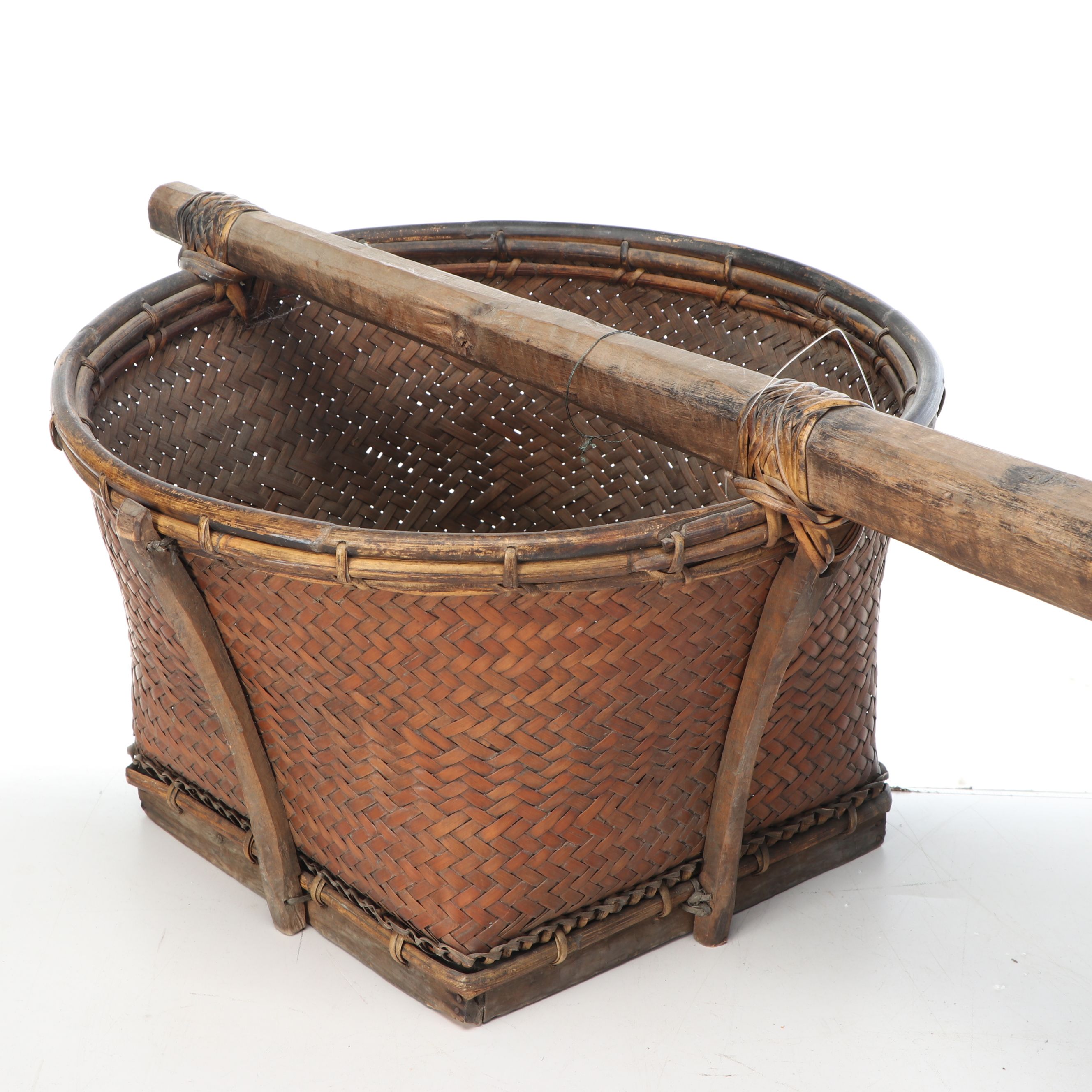 Chinese Wooden Shoulder Yoke with Woven Plant Fiber Baskets