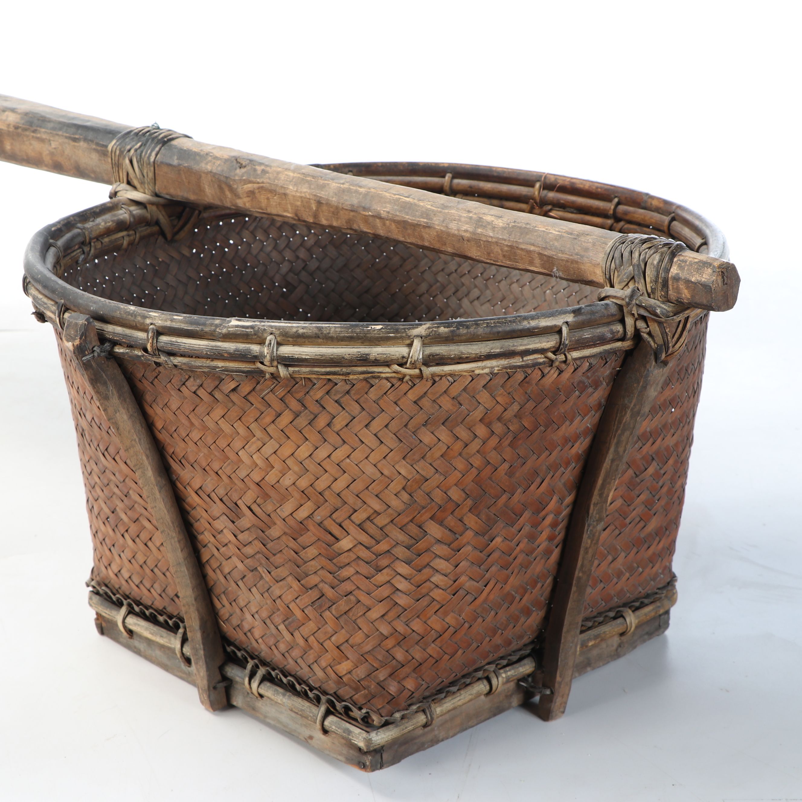 Chinese Wooden Shoulder Yoke with Woven Plant Fiber Baskets