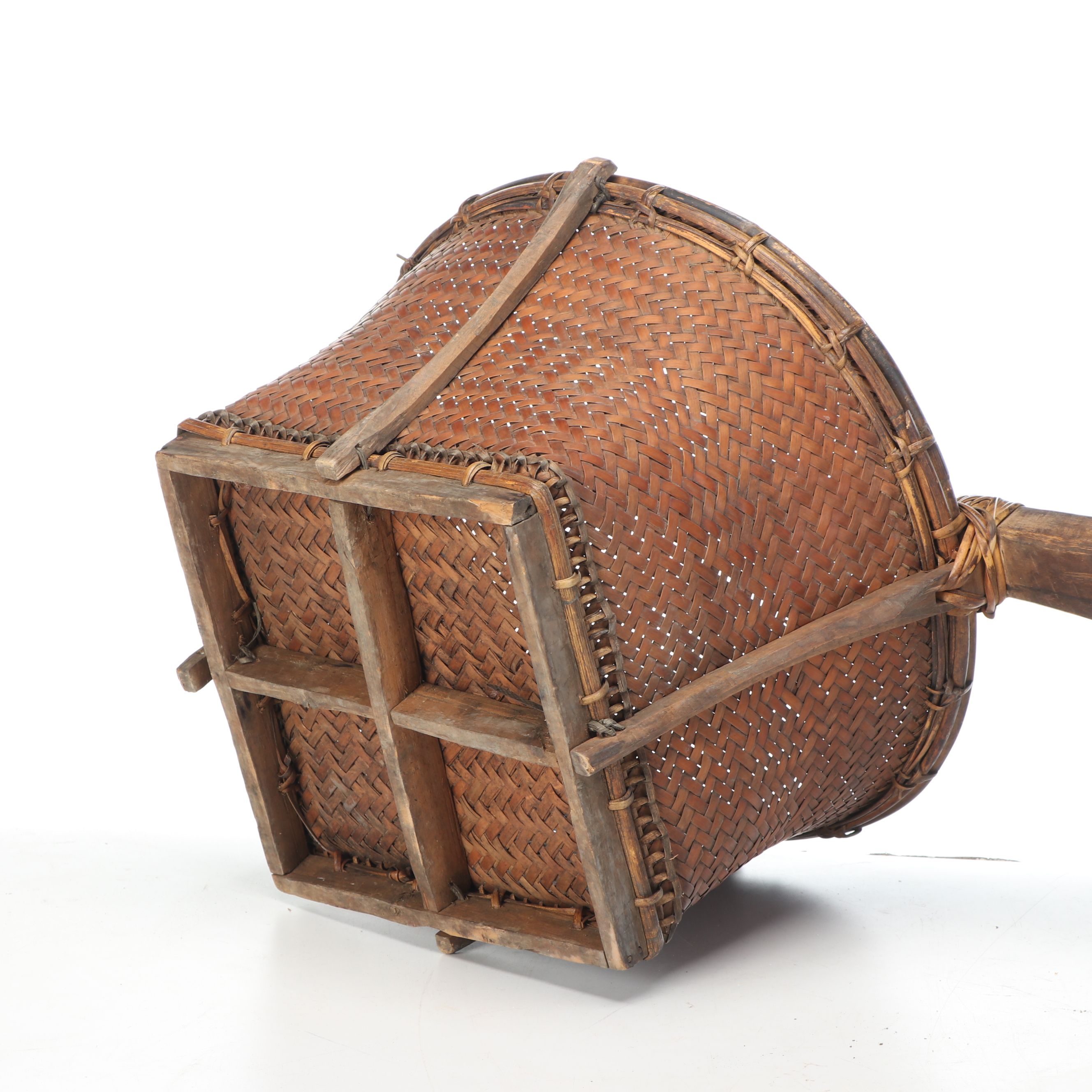 Chinese Wooden Shoulder Yoke with Woven Plant Fiber Baskets