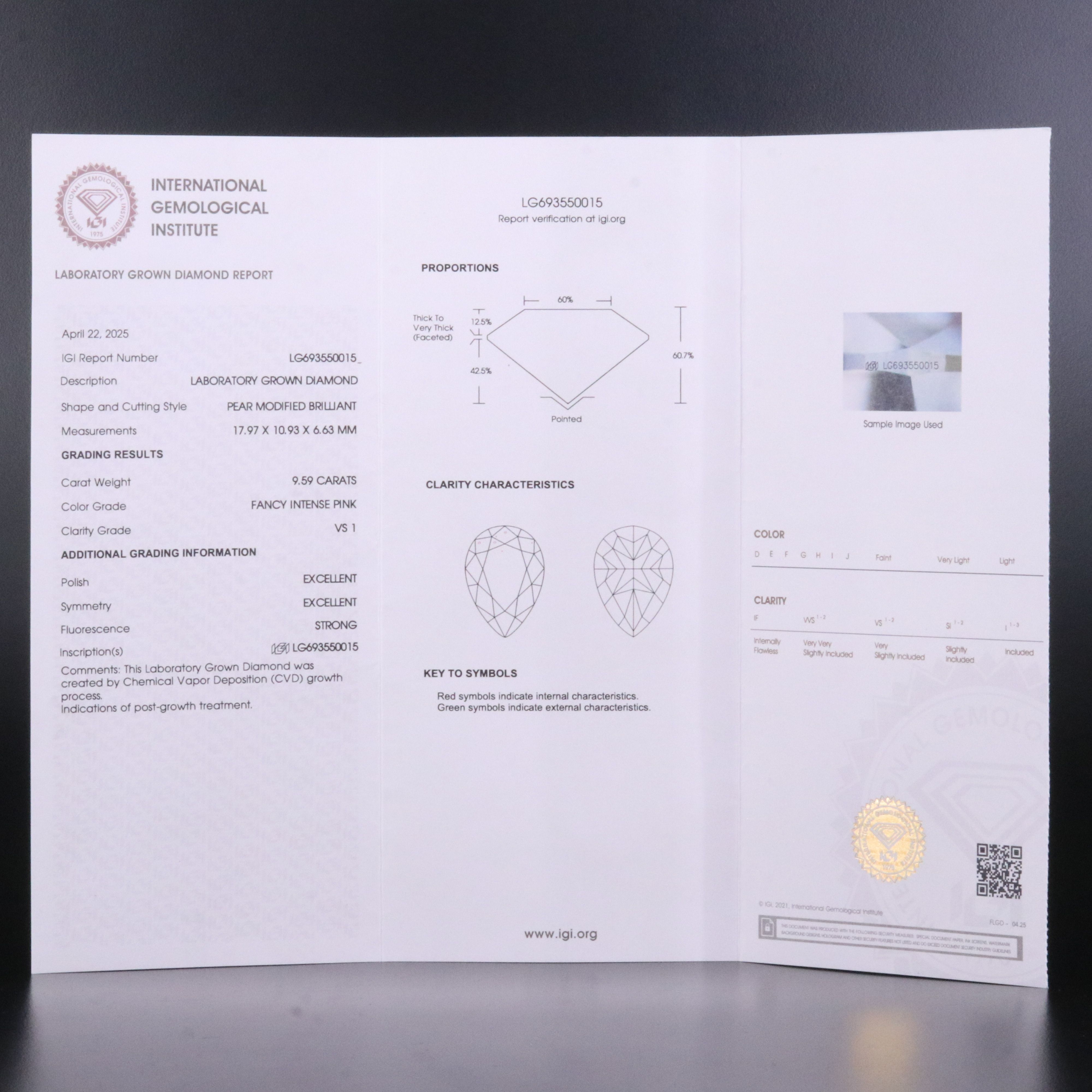 Platinum 9.59 CT Lab Grown Fancy Intense Pink Diamond Ring with IGI Report