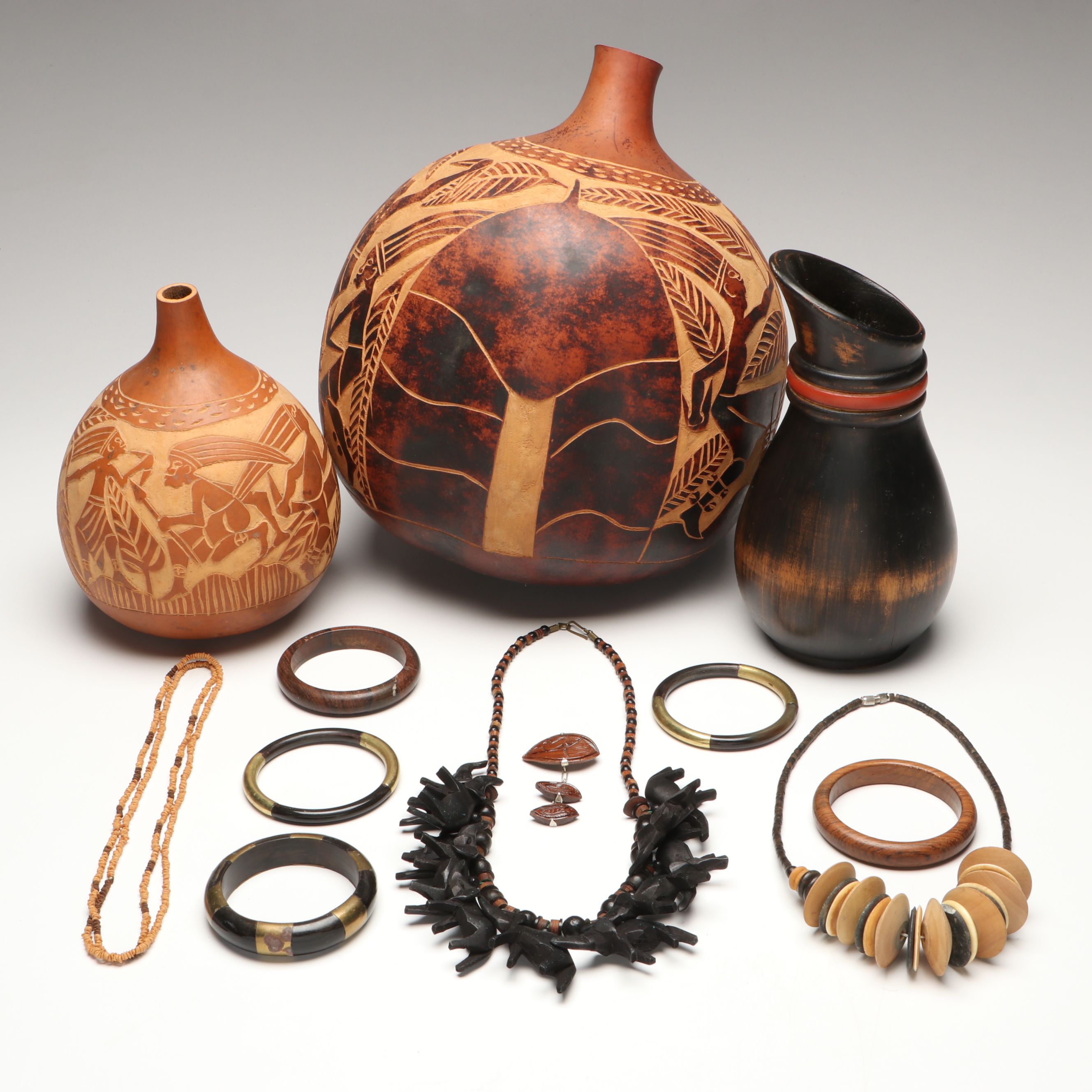 Ghanaian Wood Pitcher and More Calabash Gourd Vessels, Jewelry