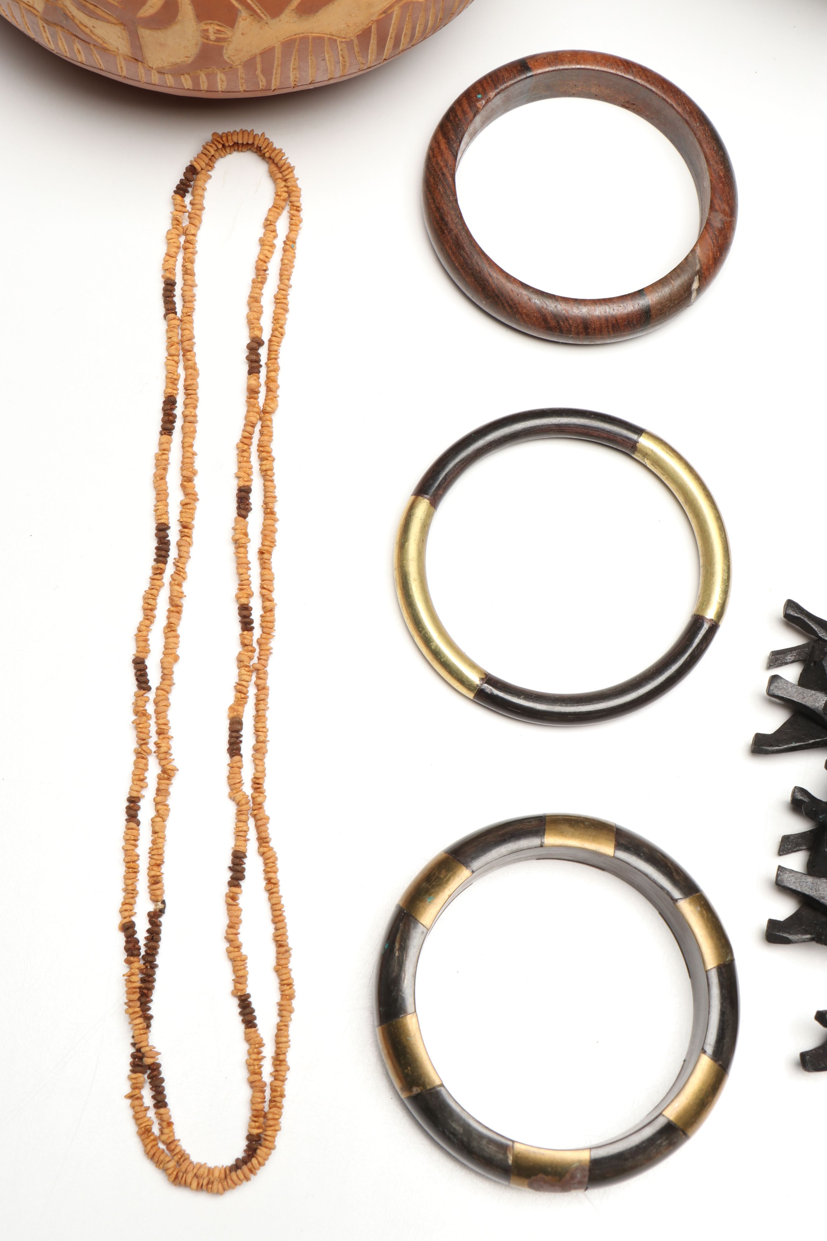 Ghanaian Wood Pitcher and More Calabash Gourd Vessels, Jewelry