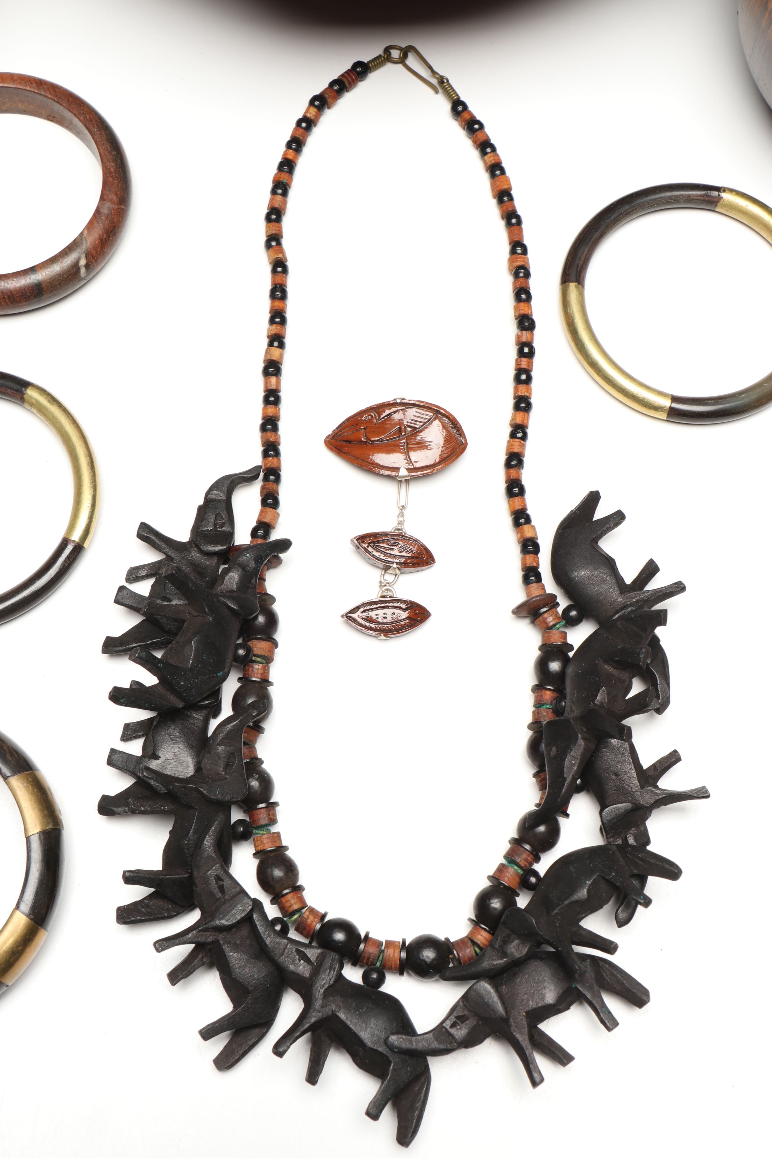 Ghanaian Wood Pitcher and More Calabash Gourd Vessels, Jewelry