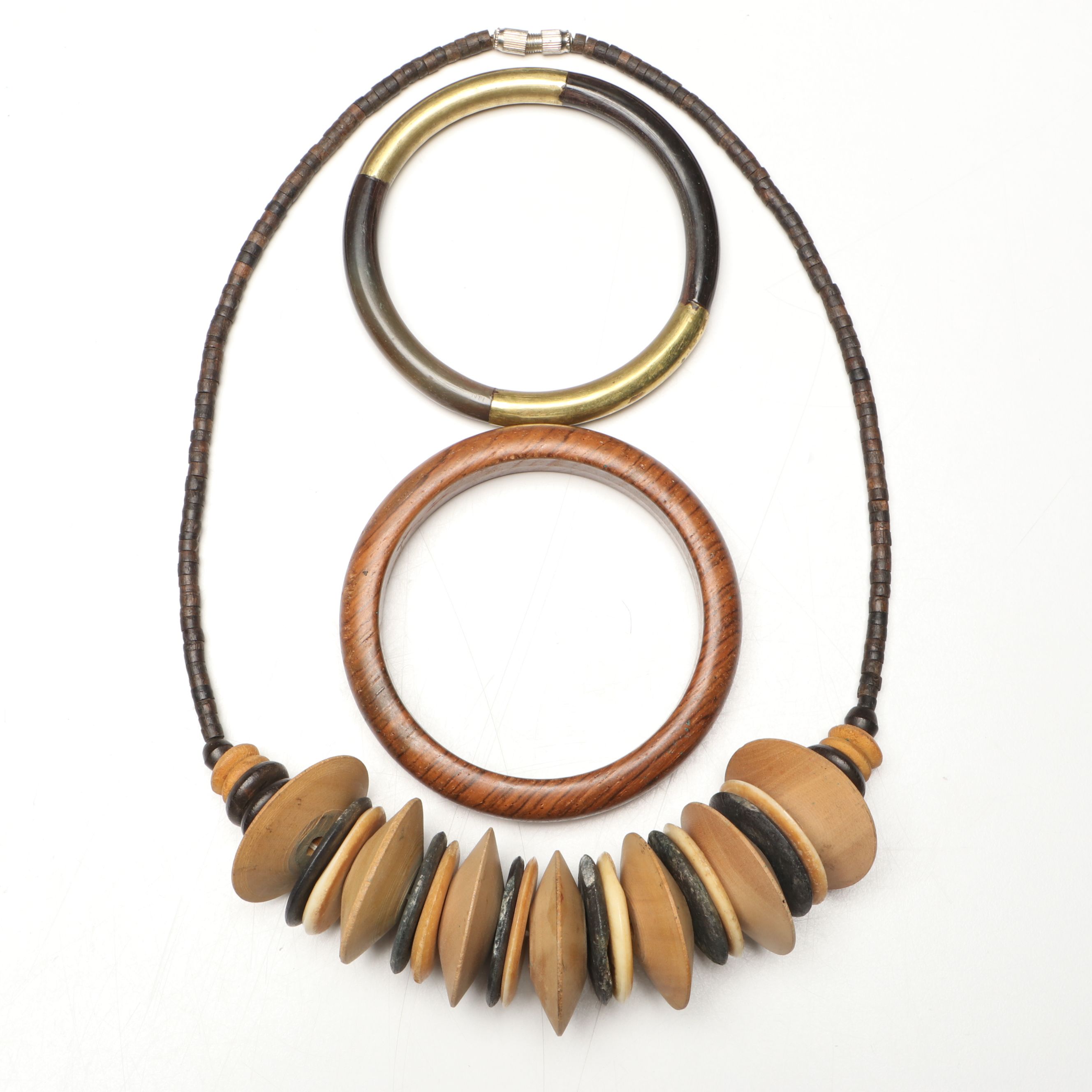 Ghanaian Wood Pitcher and More Calabash Gourd Vessels, Jewelry