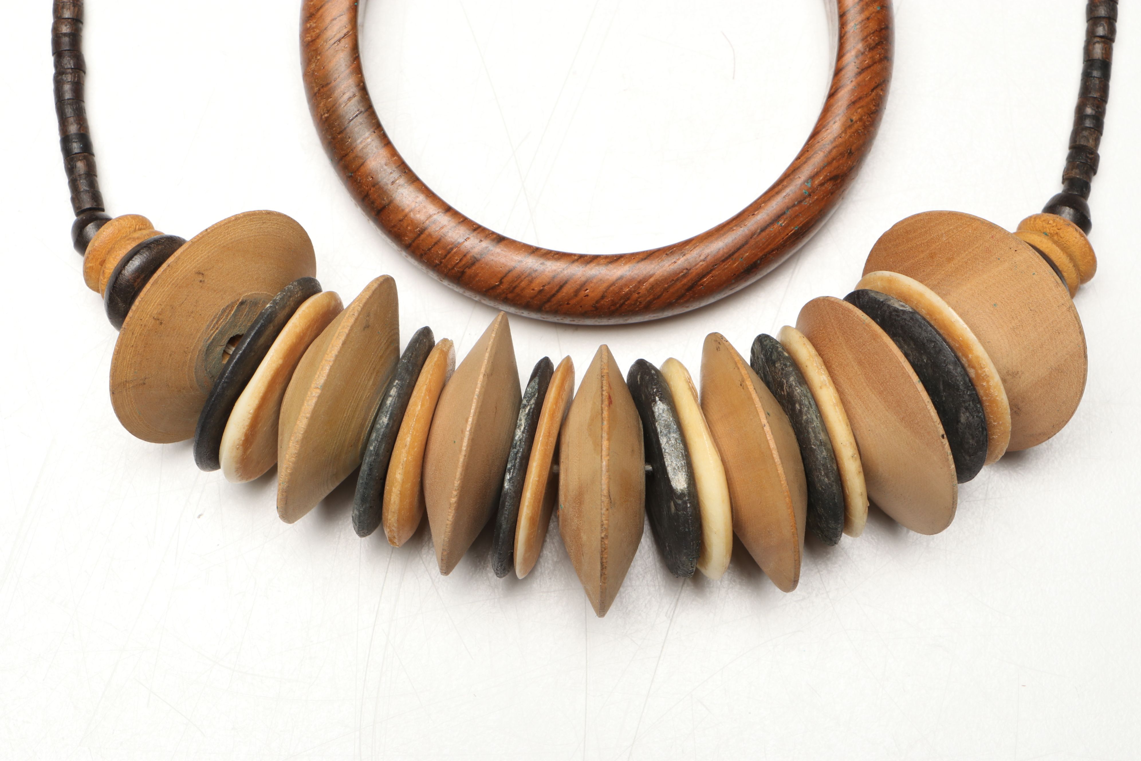 Ghanaian Wood Pitcher and More Calabash Gourd Vessels, Jewelry