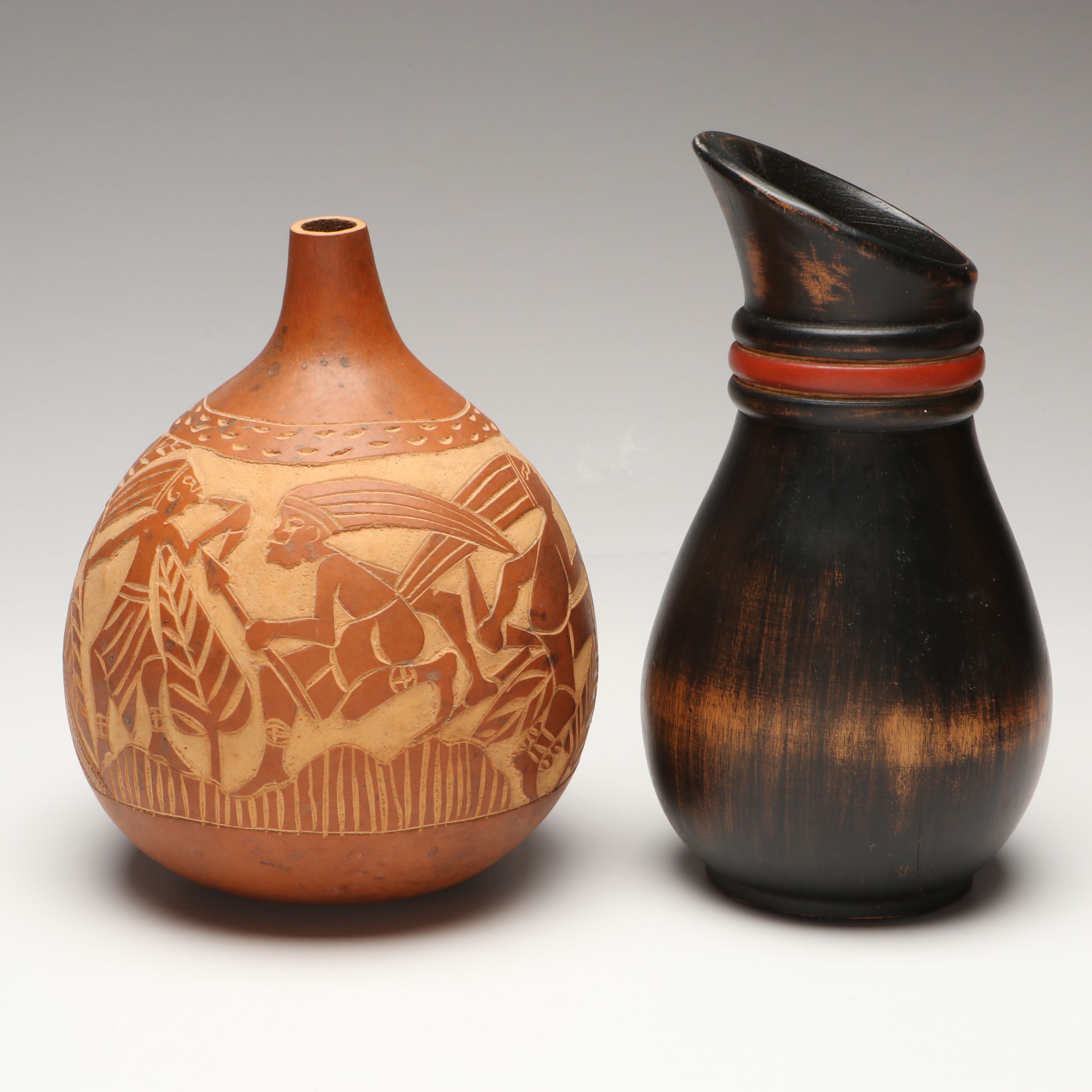 Ghanaian Wood Pitcher and More Calabash Gourd Vessels, Jewelry