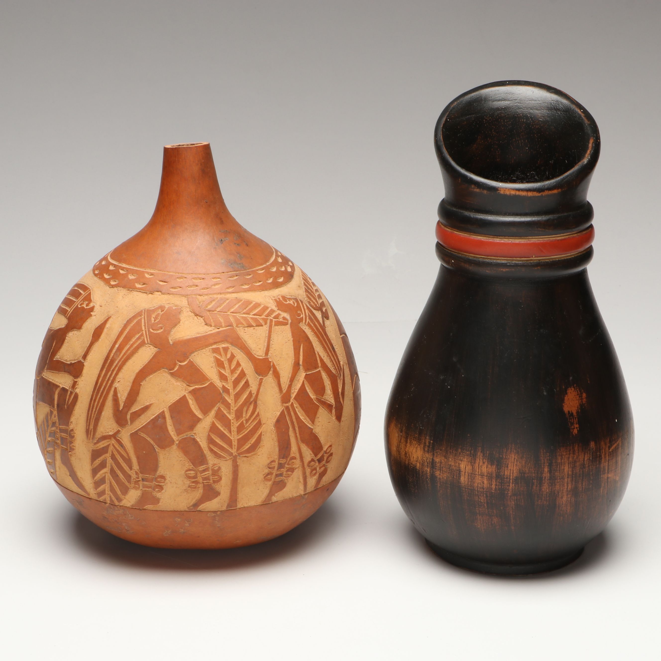 Ghanaian Wood Pitcher and More Calabash Gourd Vessels, Jewelry