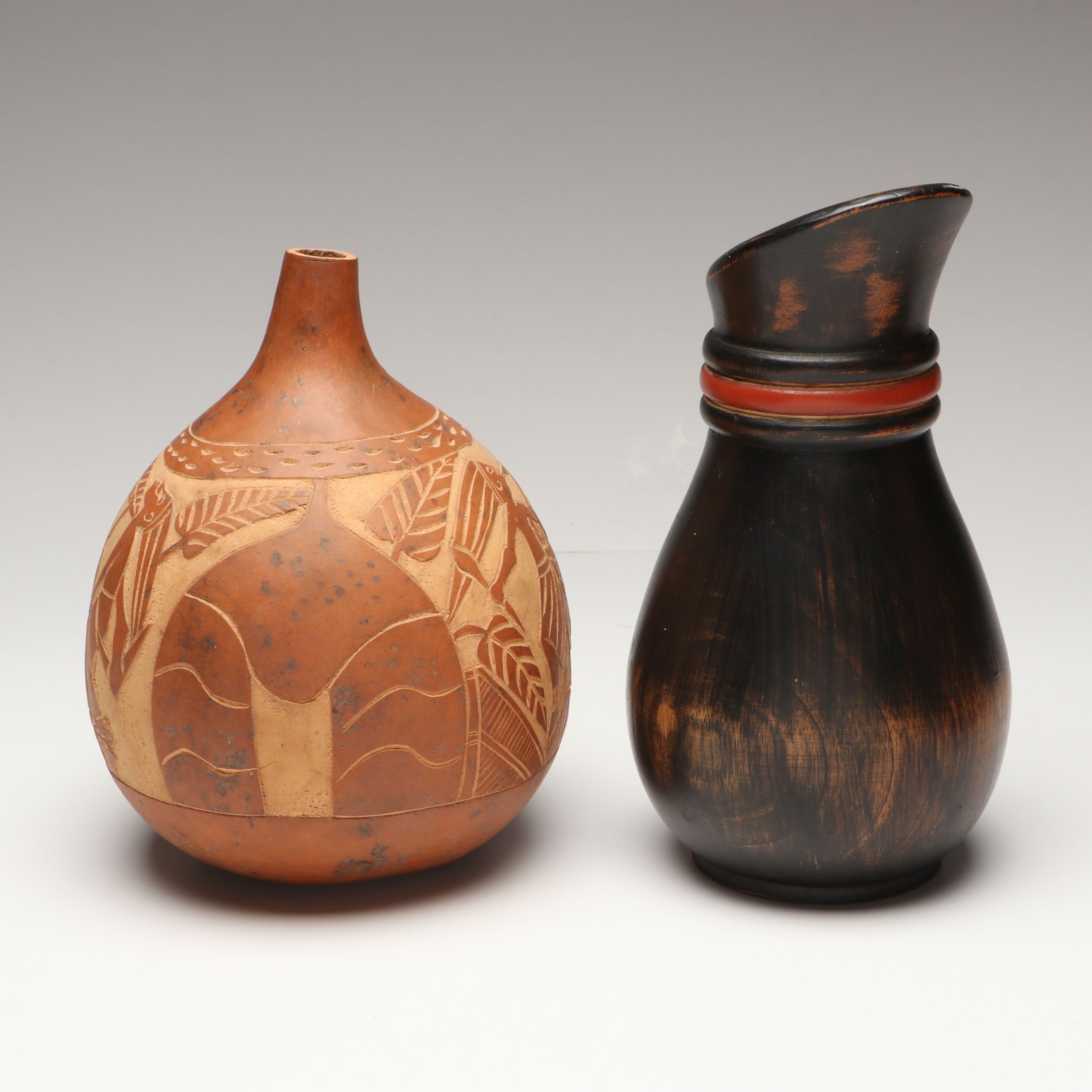 Ghanaian Wood Pitcher and More Calabash Gourd Vessels, Jewelry