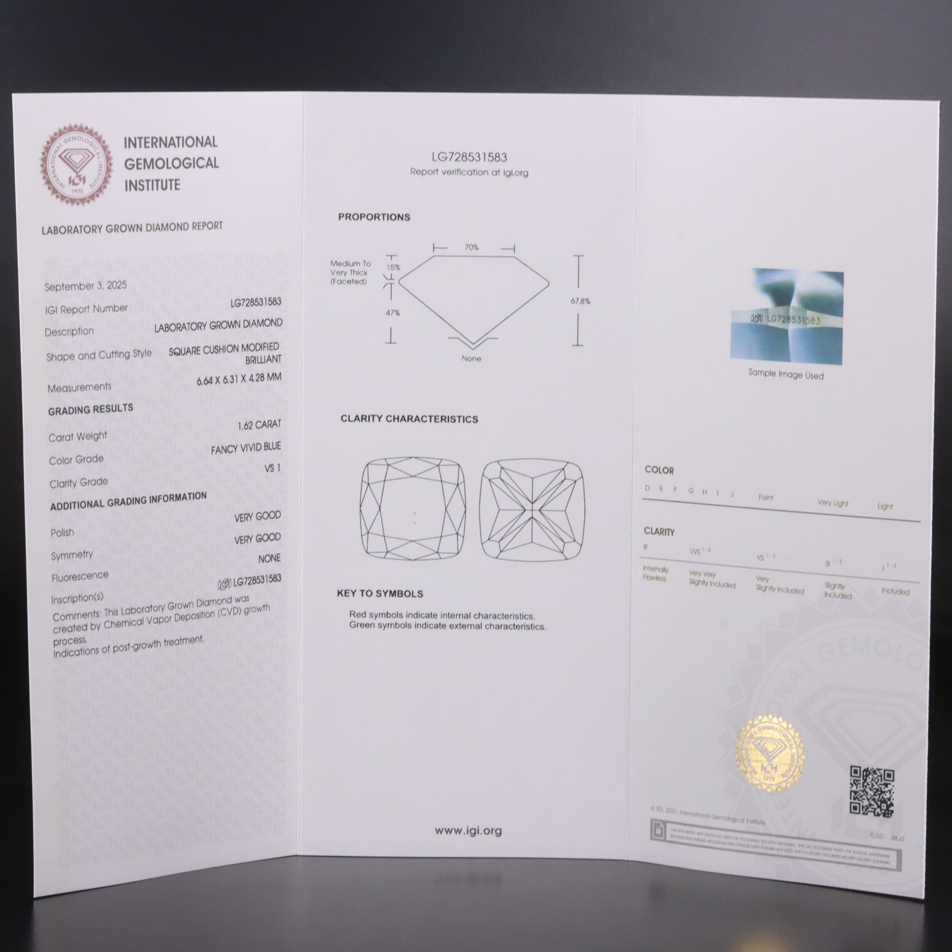 Loose 1.62 CT Lab Grown Fancy Vivid Blue Diamond with IGI Report