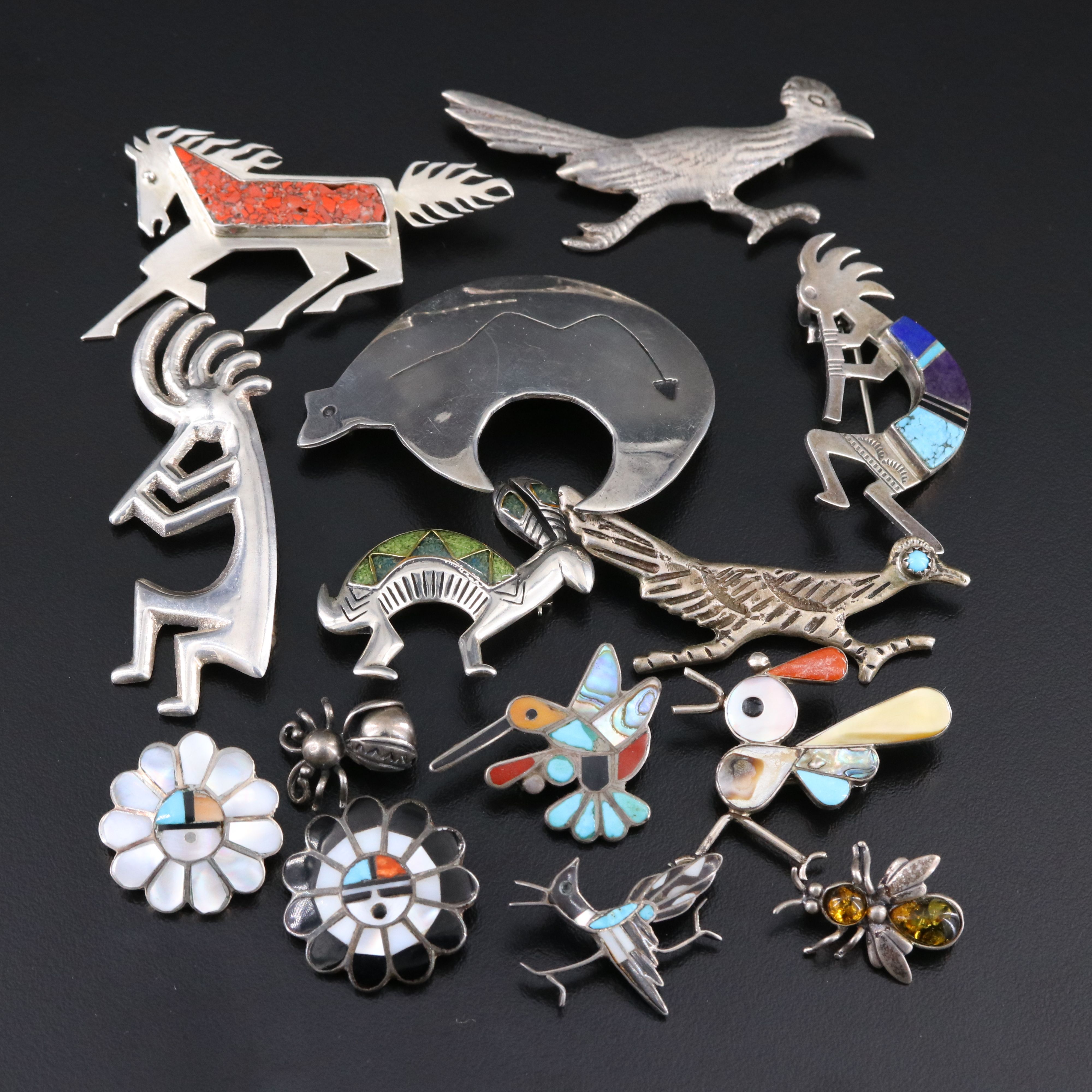 Southwestern Sterling Brooches & Pins Including Relios, Coral, and Amber