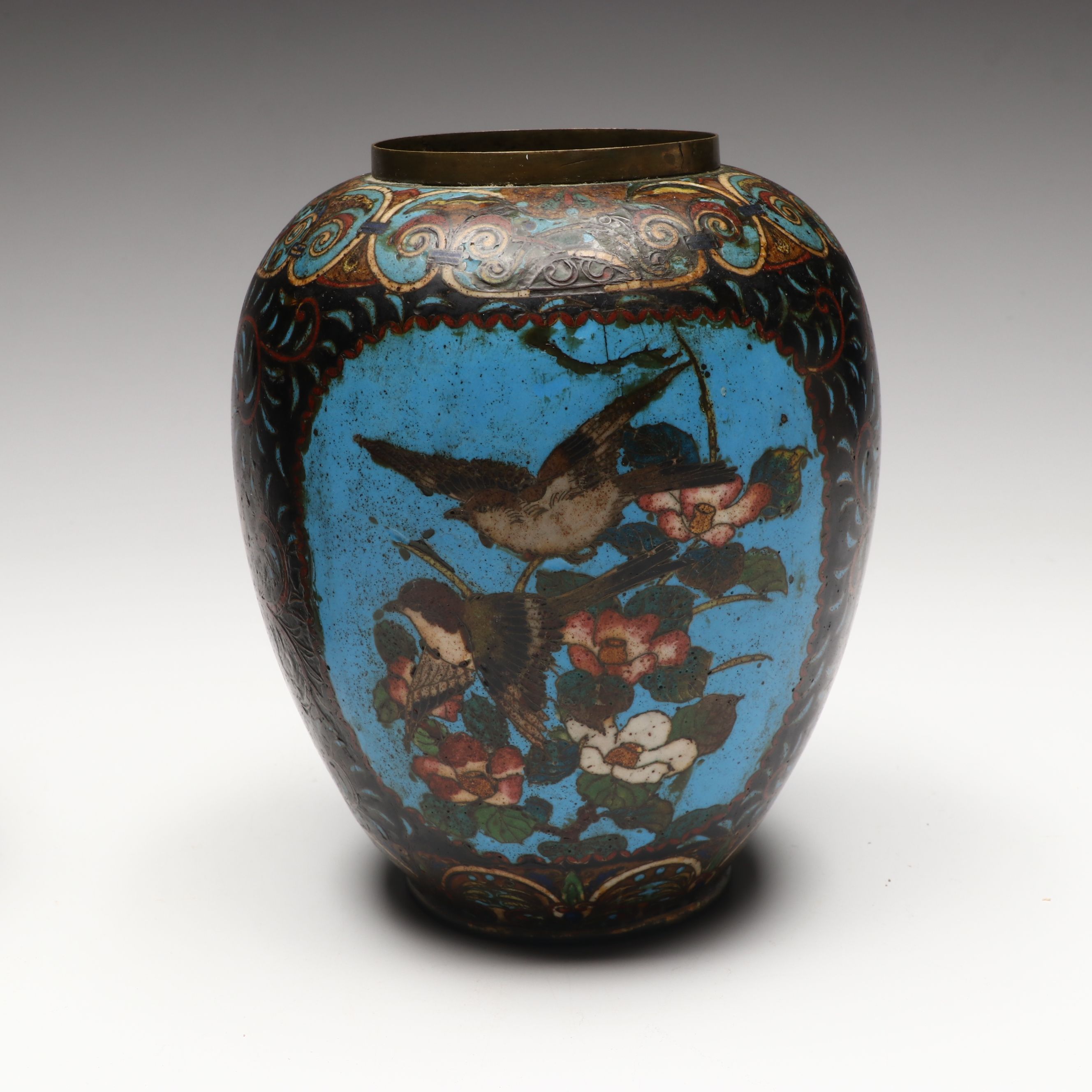 Japanese Antique Bird and Mountain Motif Cloisonné Vases
