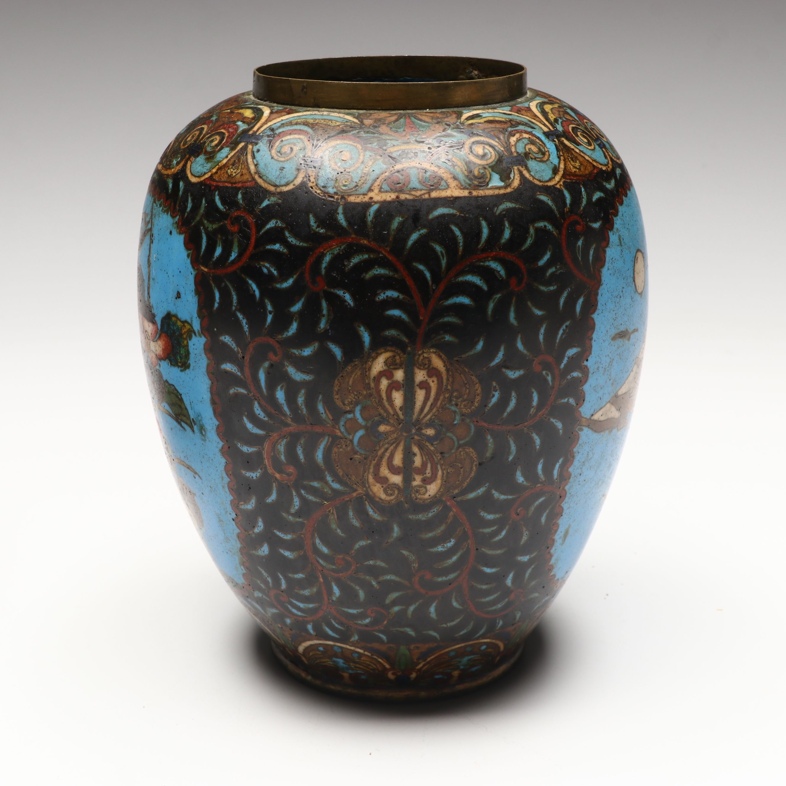 Japanese Antique Bird and Mountain Motif Cloisonné Vases