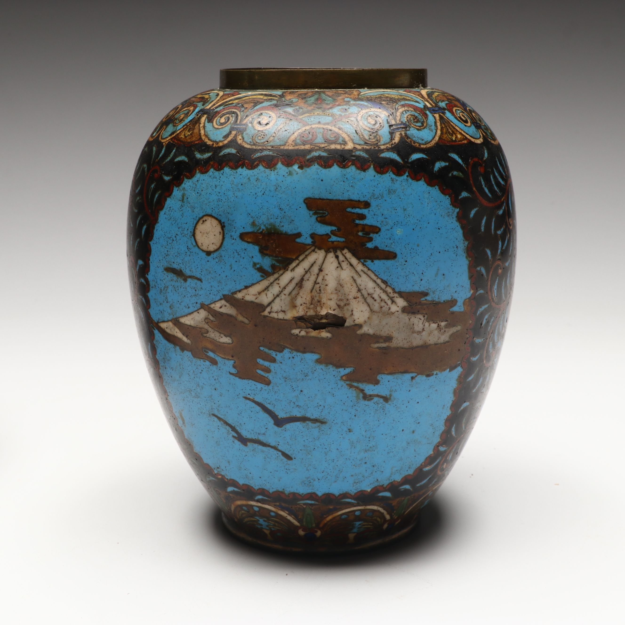 Japanese Antique Bird and Mountain Motif Cloisonné Vases