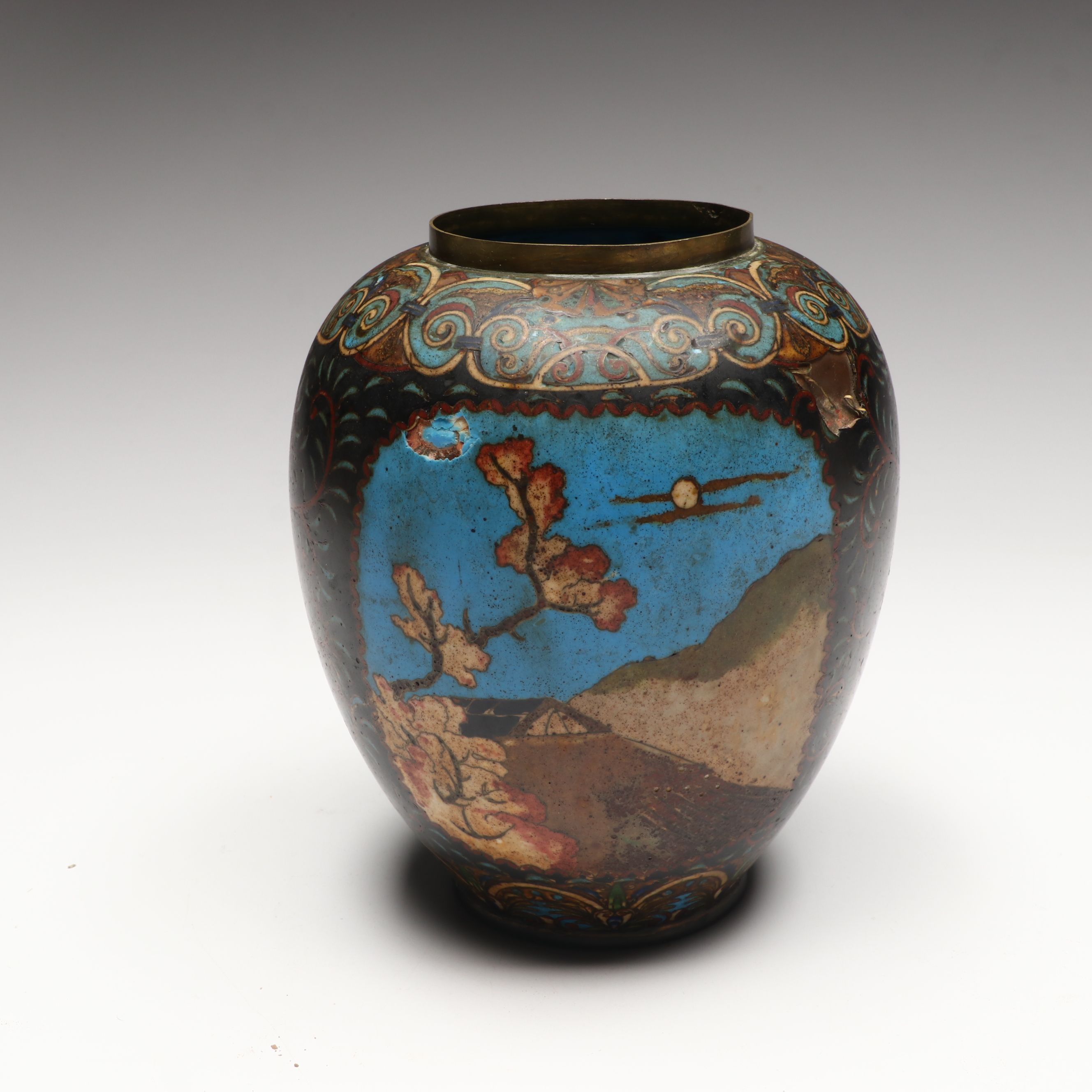 Japanese Antique Bird and Mountain Motif Cloisonné Vases