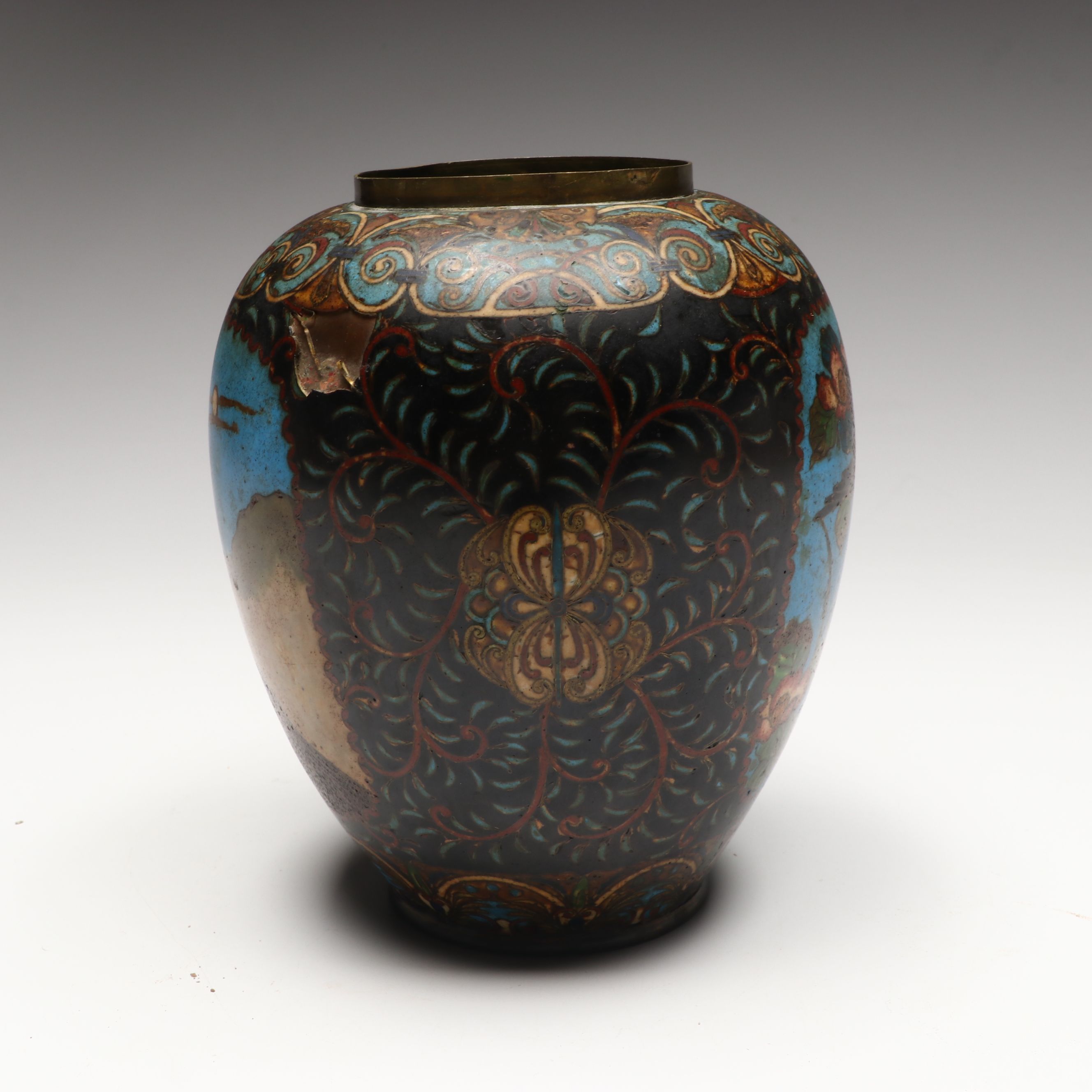 Japanese Antique Bird and Mountain Motif Cloisonné Vases